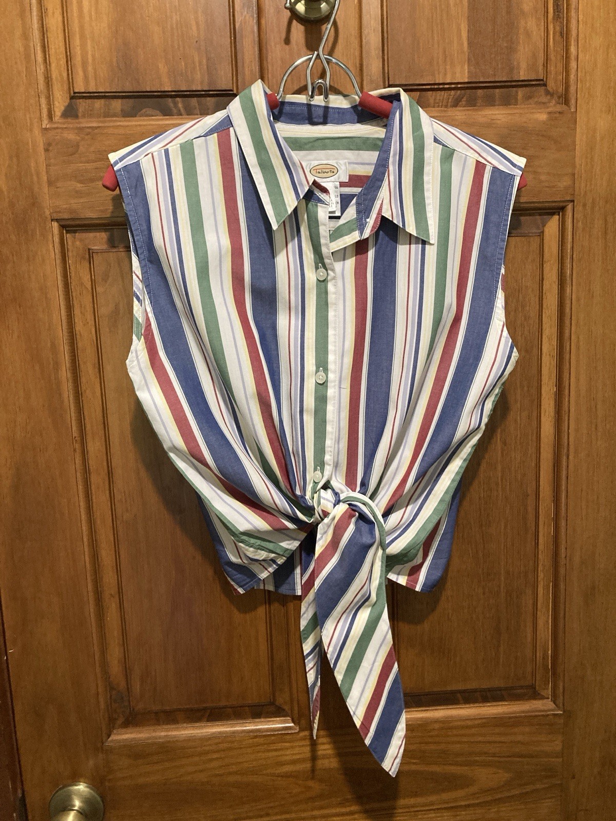 Talbots Womens Sleeveless Striped Buttondown Shirt With Collar Tied Waist