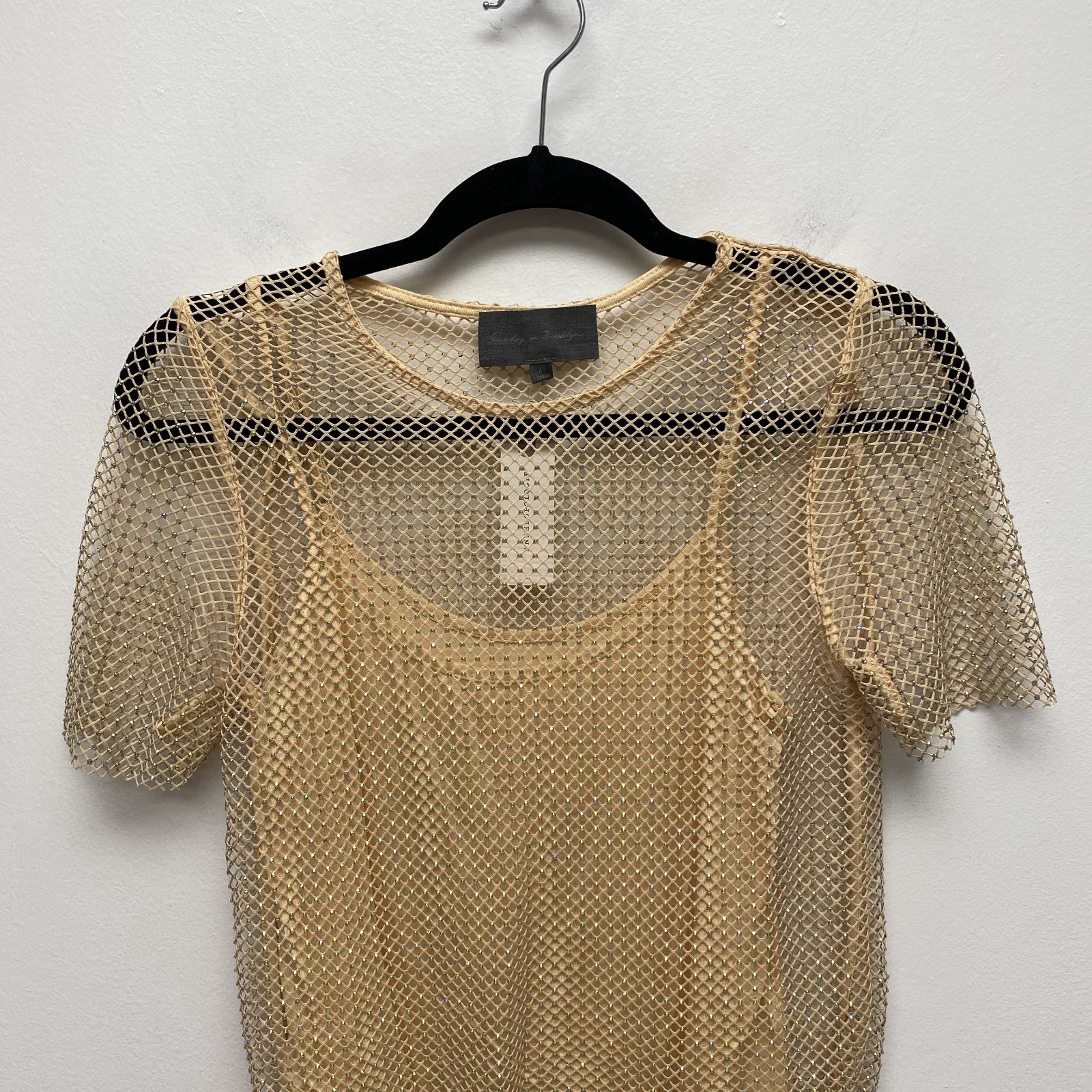 Anthropologie Sunday in Brooklyn Rhinestone Mesh Top Women Beige Sand XS $98 New
