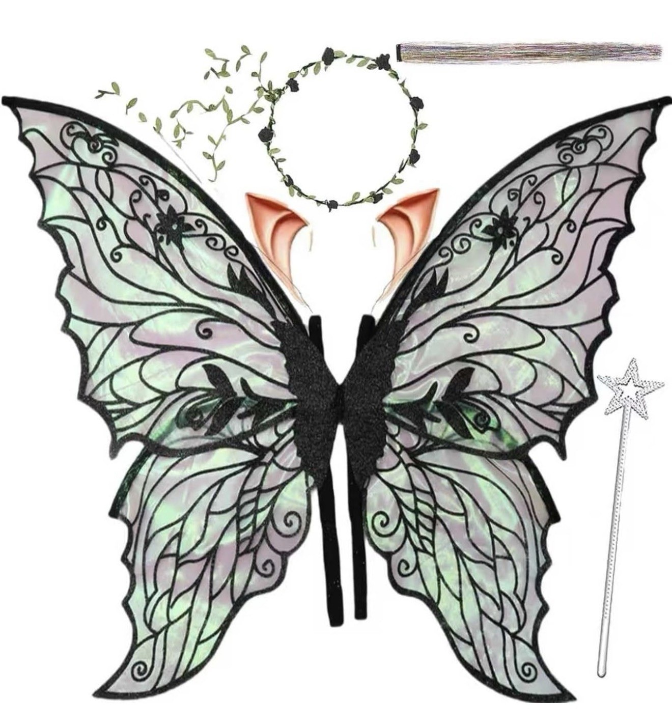 Fairy Wings 31.5″x21.6″ Floral Garland Fairy Hair Tinsel Wand Elf Ears Costume