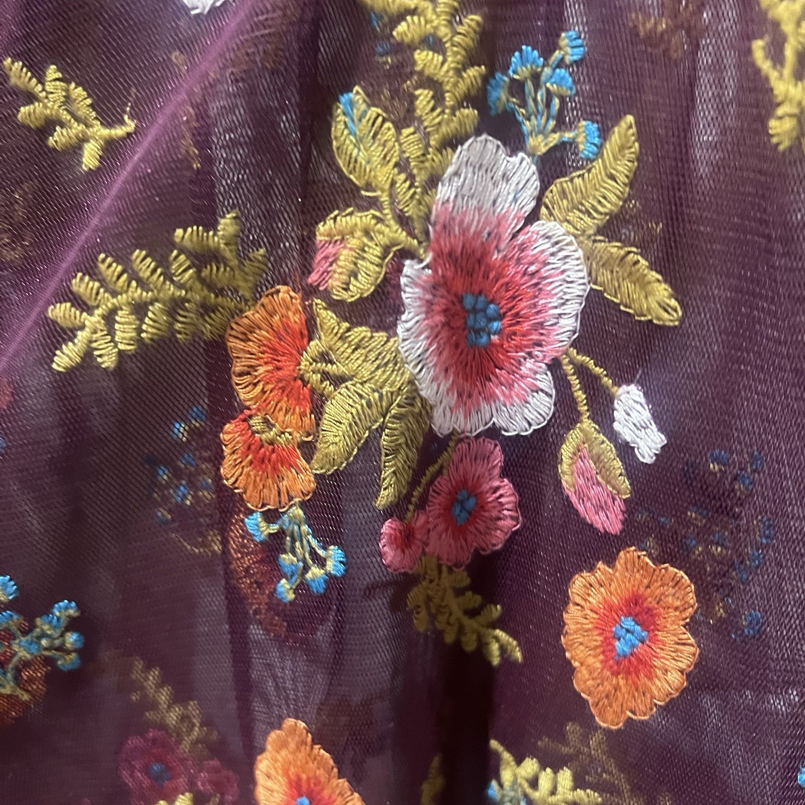 Anthropologie Feather And Bone Burgundy Mesh Floral Embroidered Blouse Size XS