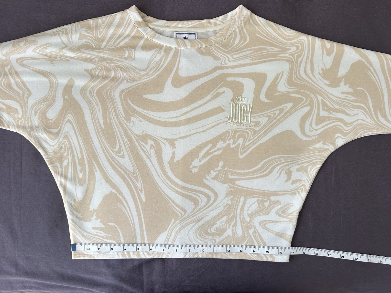 Juicy Couture XS Fleece Crop Sweatshirt Beige Marbled Swirl Logo NWOT