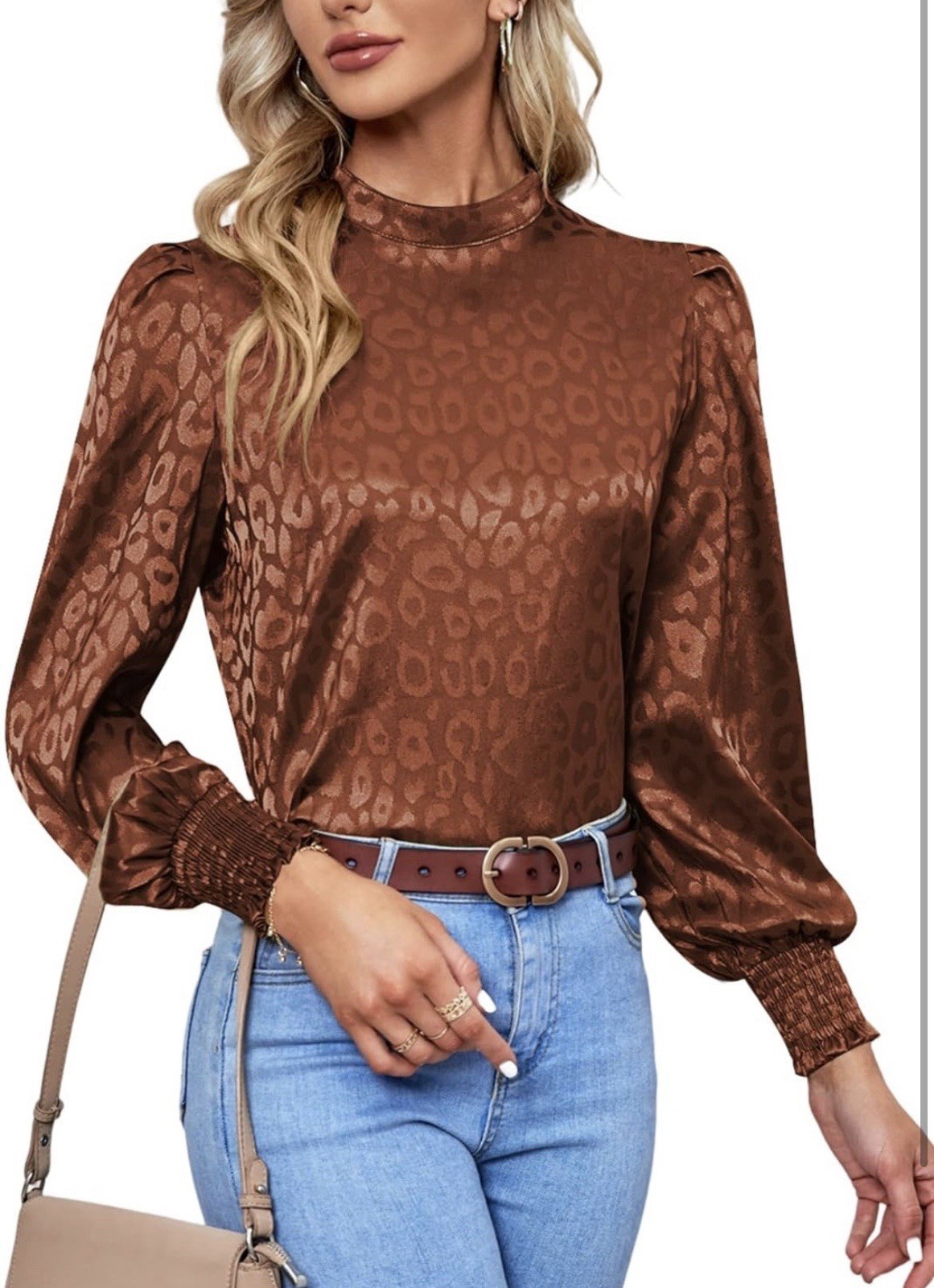 Lyaner NWOT Brown Satin Mock Neck Puff Sleeve Blouse XL Leopard Jacquard