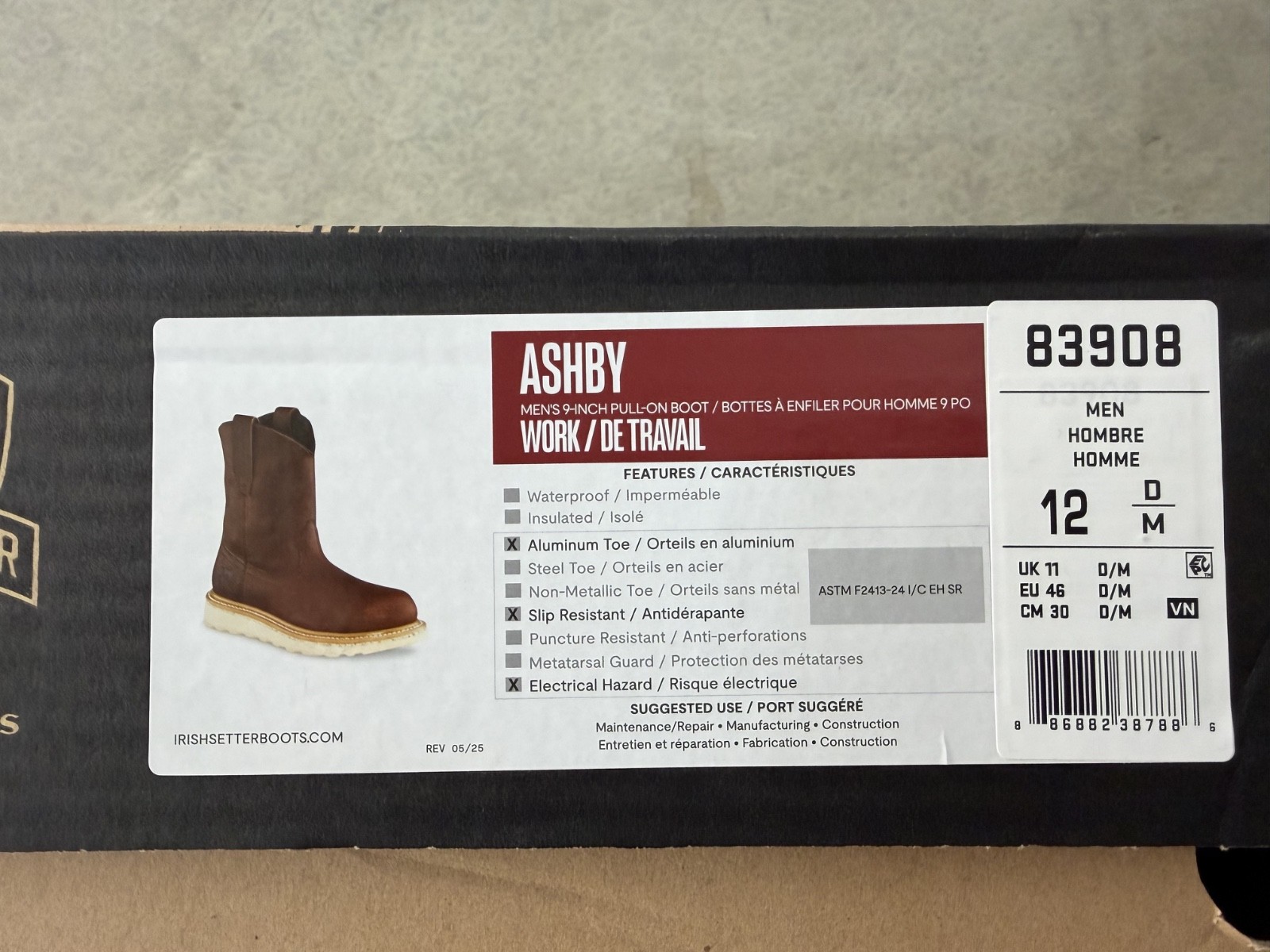 Irish Setter 83605 Ashby Work Boot for Men, Size 12 – Brown – New in box