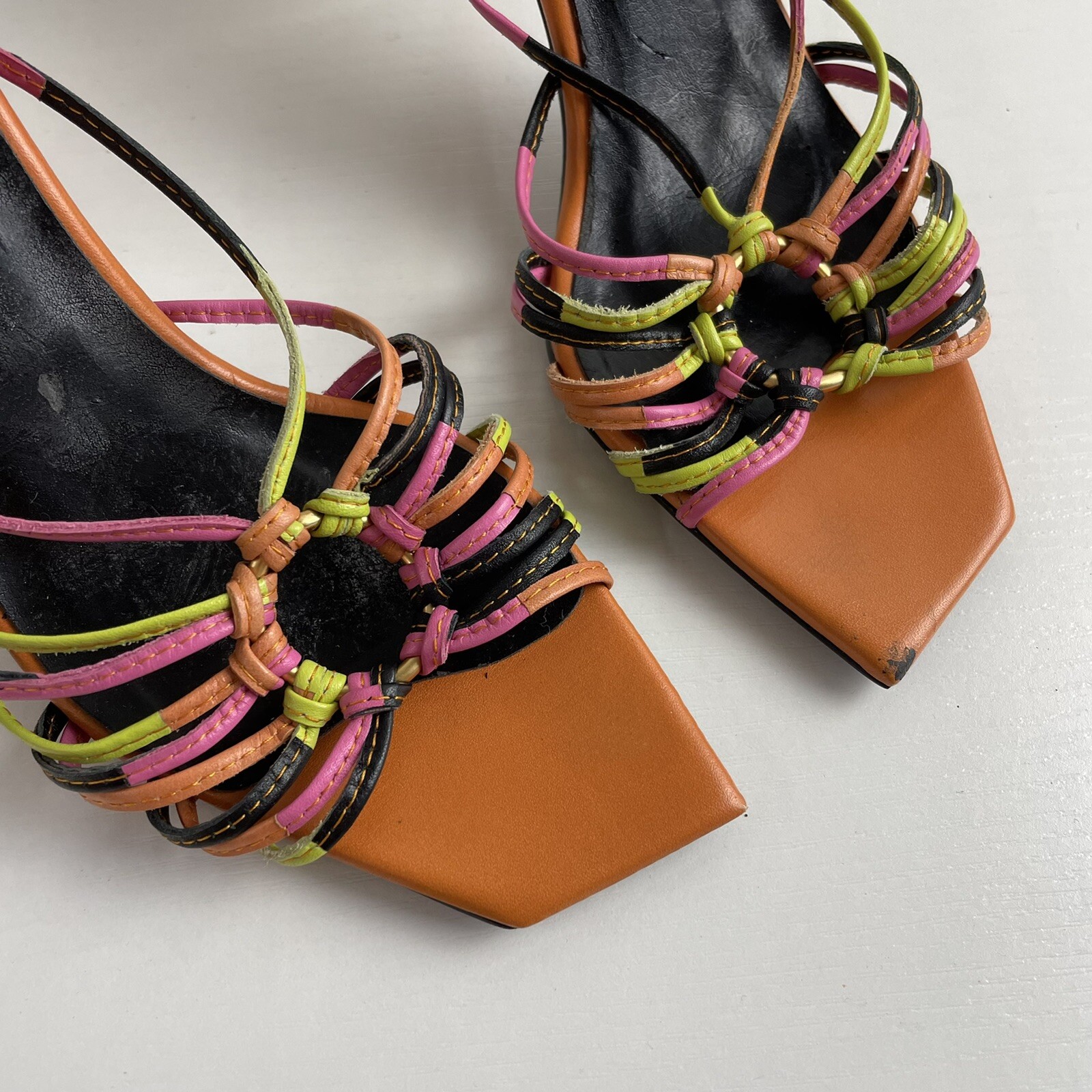 Y2K Vintage Morgan De Toi Heels 5 5.5 35 Orange Strappy Open Square Toe Stiletto