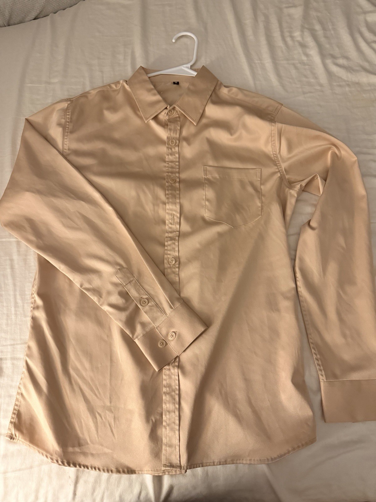 Men’s Beige Long Sleeve Dress Shirt Medium Solid Collared Button Barrel Cuff