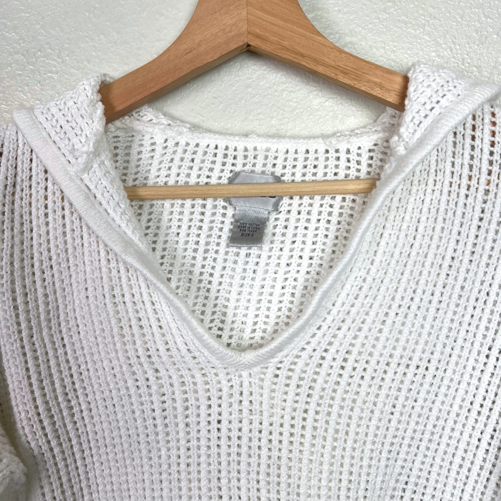 Chicos Womens White Open Knit Cotton Hoodie Sweater Size 2 (Large) Boxy Beach