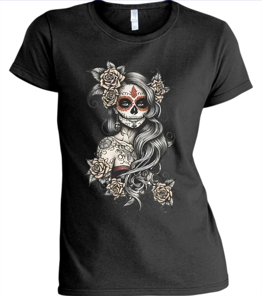 Female Sugar Skull Women’s T-Shirt White or Black or Gray Small to 3X-Large
