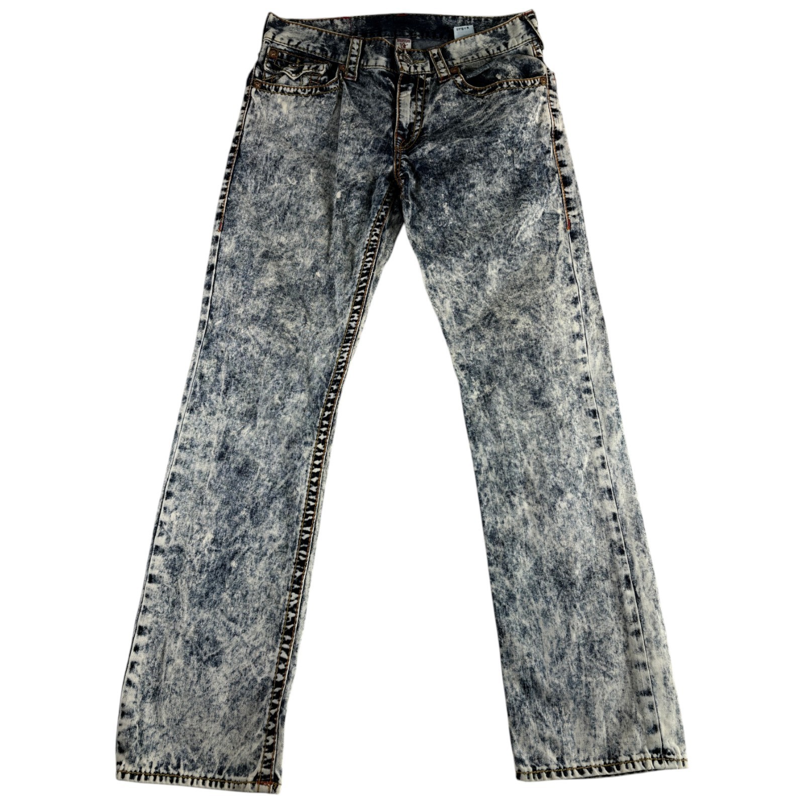True Religion Jeans Men 33 Blue Acid Wash Straight Leg Embroidered Flap Pockets