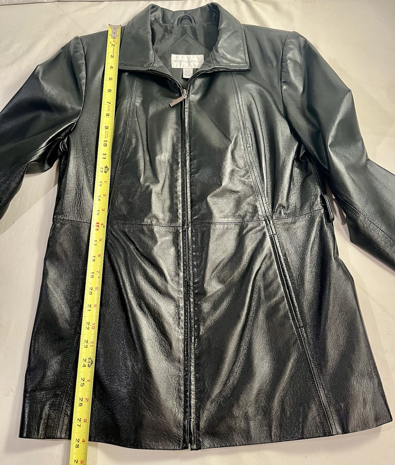 Worthington Womens Black Leather Jacket Belted Lined Biker Petite Medium Grunge
