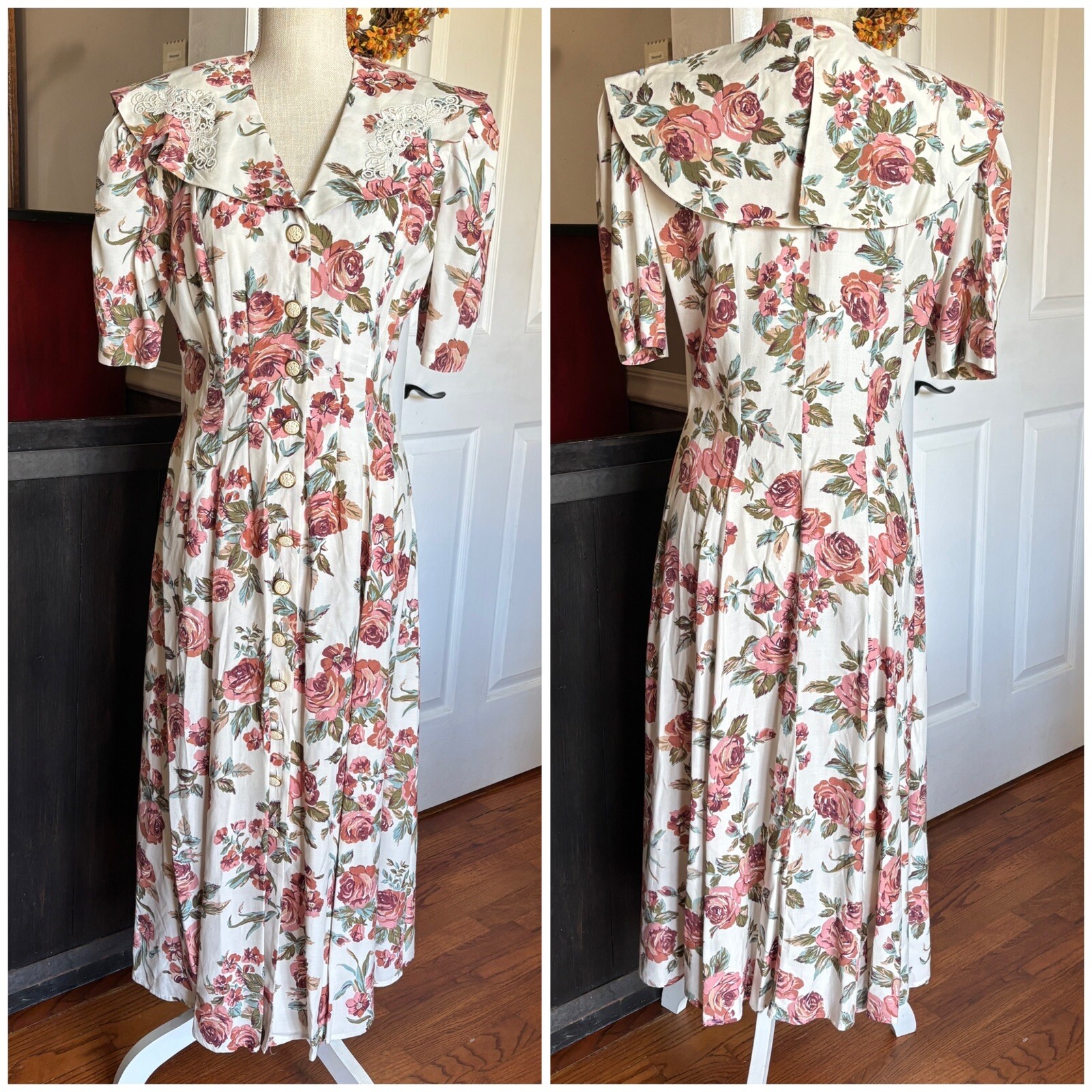 90s Vtg Dress Sz 5/6 Cottagecore Pink Rose Floral 40s 50s Betsys Things Romantic