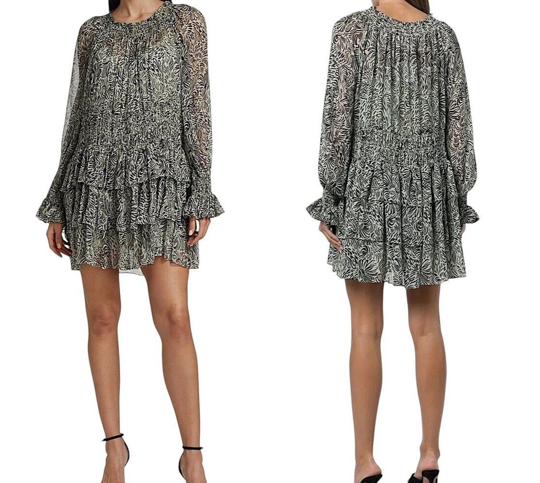 CINQ A SEPT Janelle Smocked Tiered Ruffled Mini Dress Size 8 Swirl Print Green