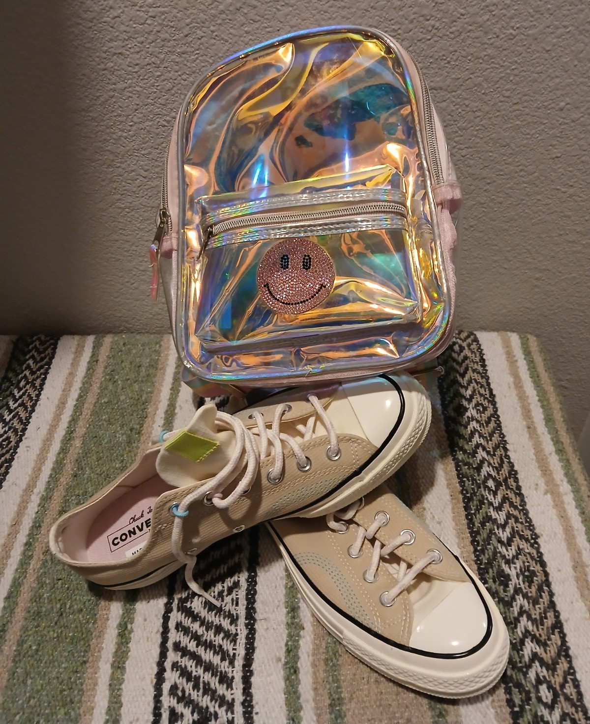 Holographic Smiley Patch Glitter Zip bag and matching converse sz 8 women’s