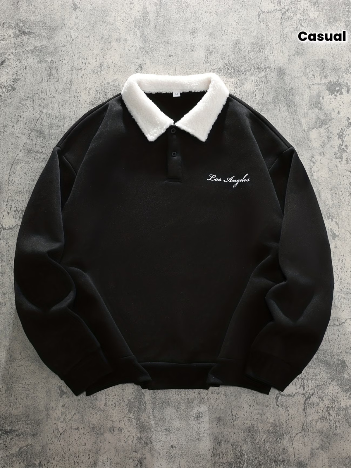 Black Lapel Sweatshirt, White Plush Collar, Los Angeles Text, Casual Daily Wear