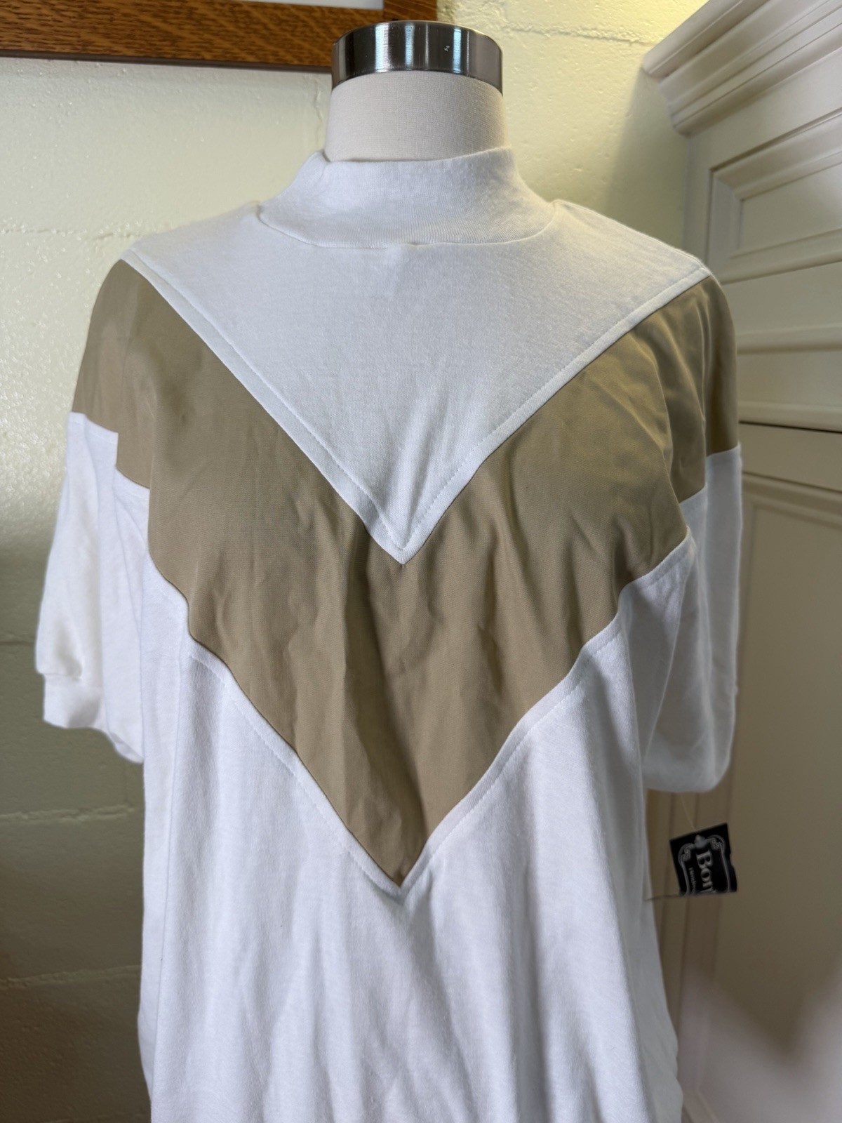 Vtg BonWorth Top Sz Medium White Tan Colorblock Mock Neck USA Made Retro 80s 90s