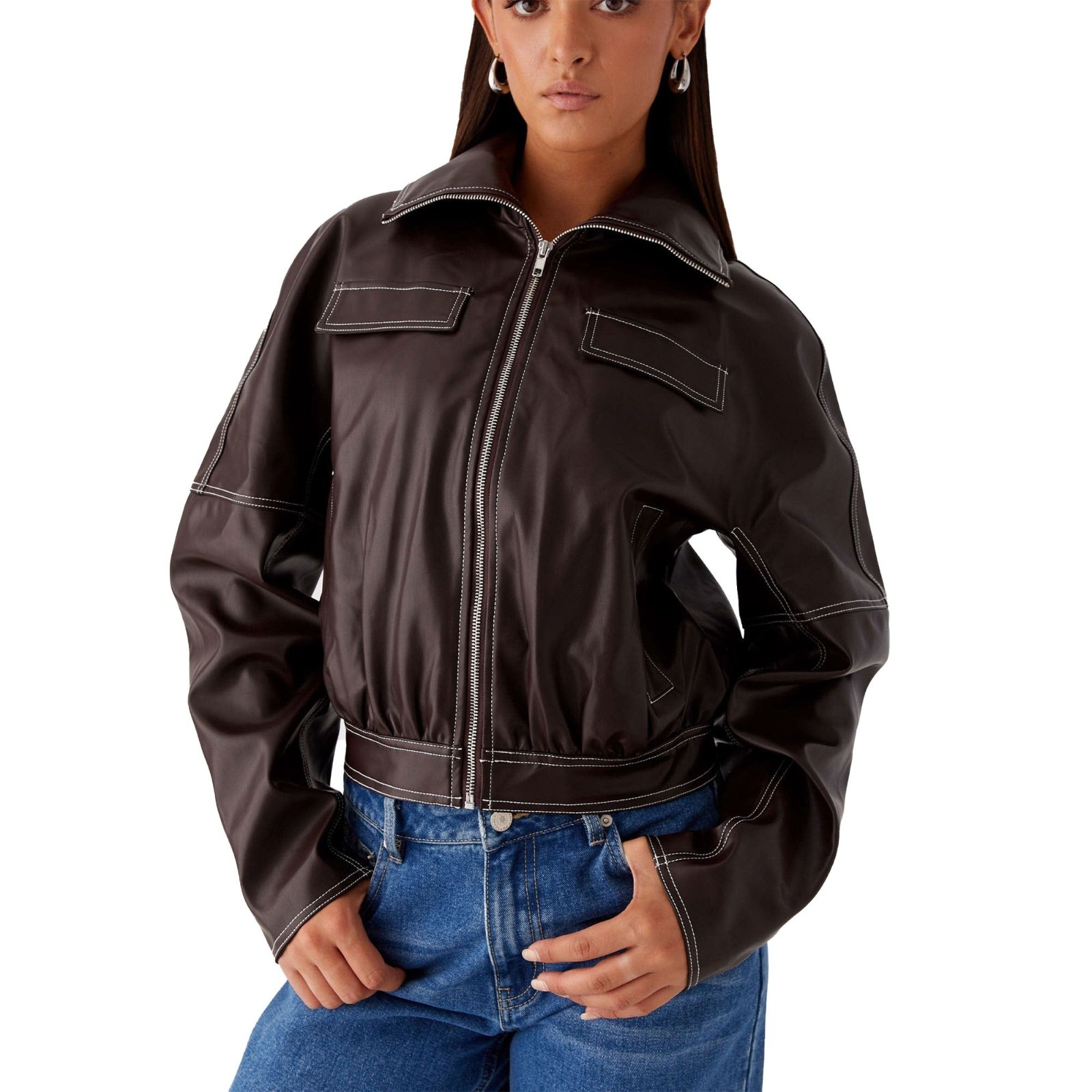 Women’s Real Leather Jacket Dark Brown Contrast Stitch Cropped Bomber Coat Gift