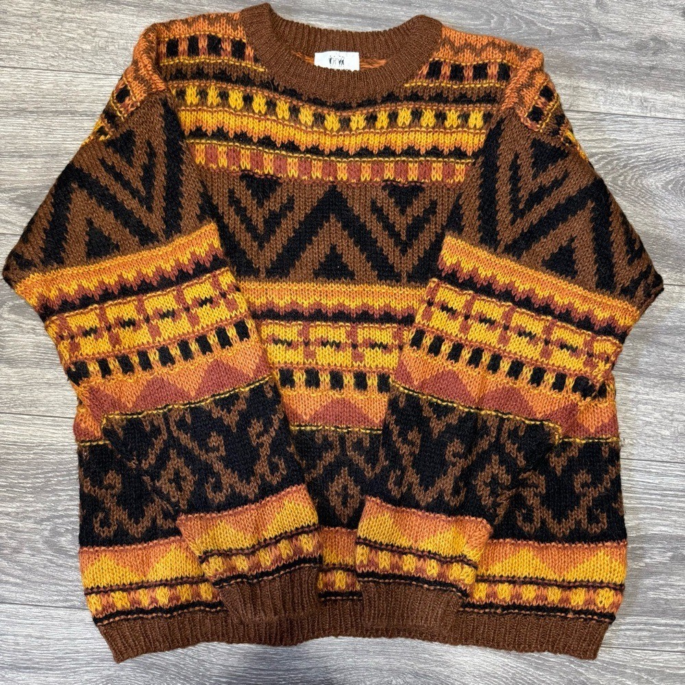 Together! Vintage 90s Wool Blend Geometric Tribal Knit Sweater Mens Large Brown