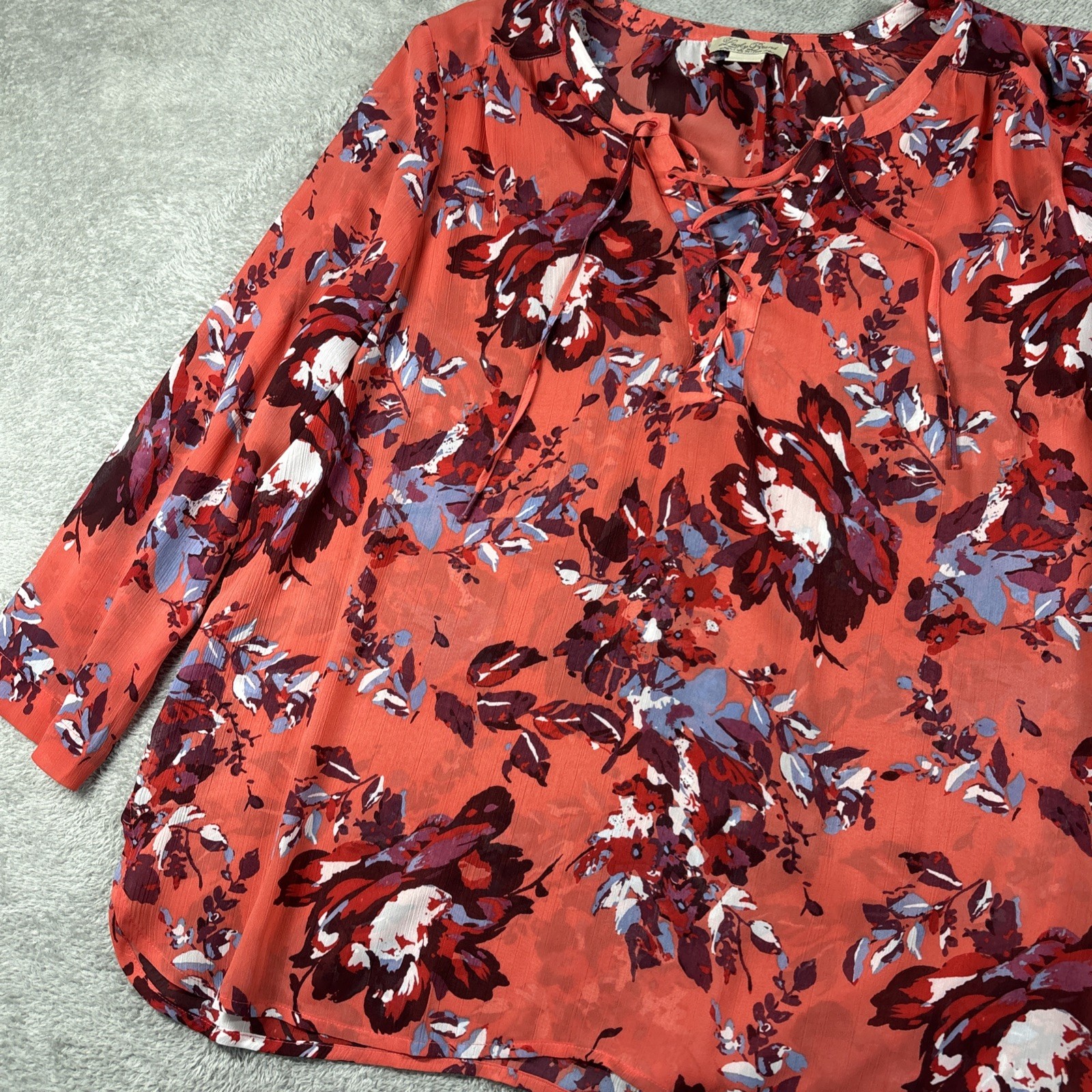Lucky Brand Multicolor Floral Print Lace-Up Neckline Semi-Sheer Top Shirt Size L