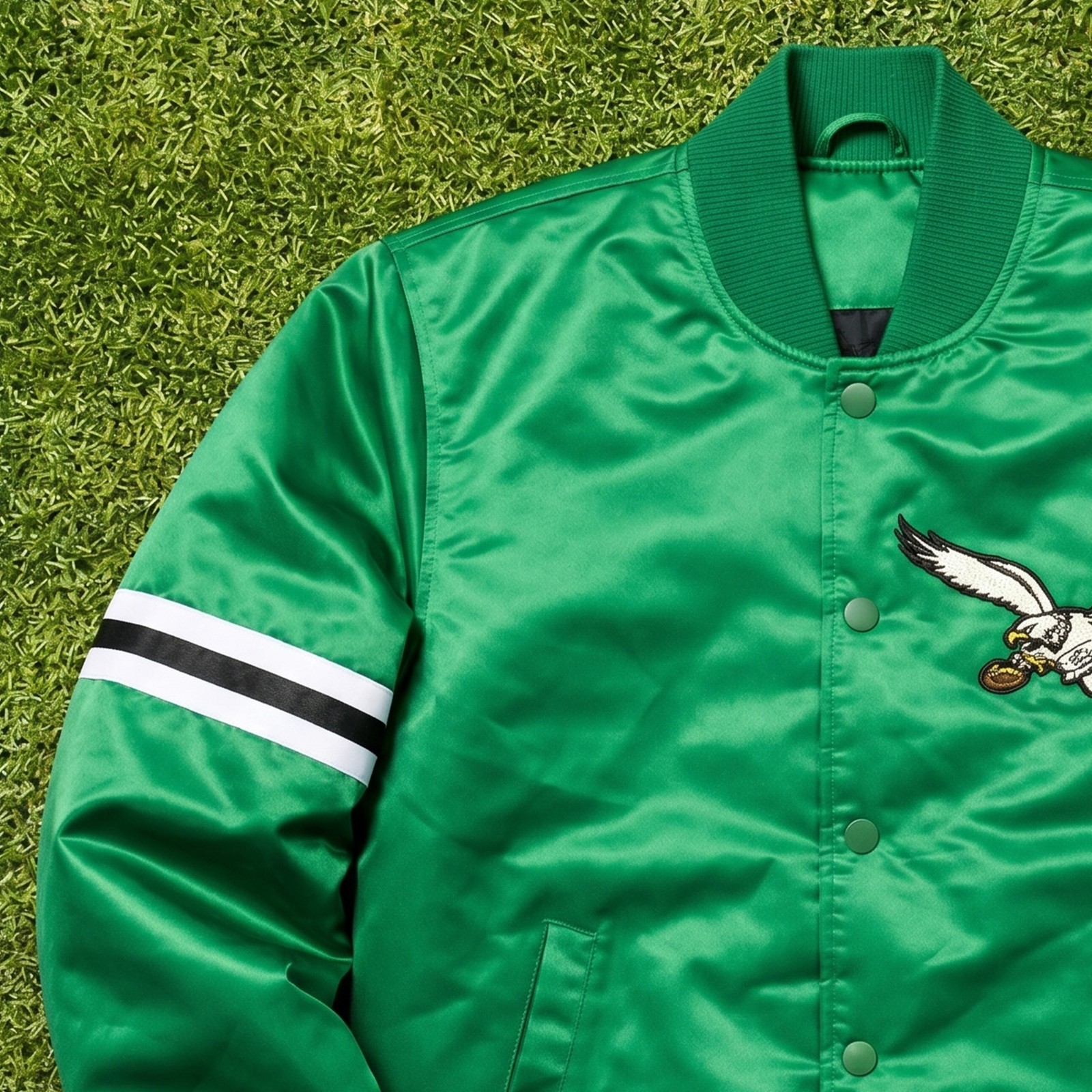 Mens Philadelphia Eagles Green Satin Bomber Varsity Football Jacket Size XS-5XL