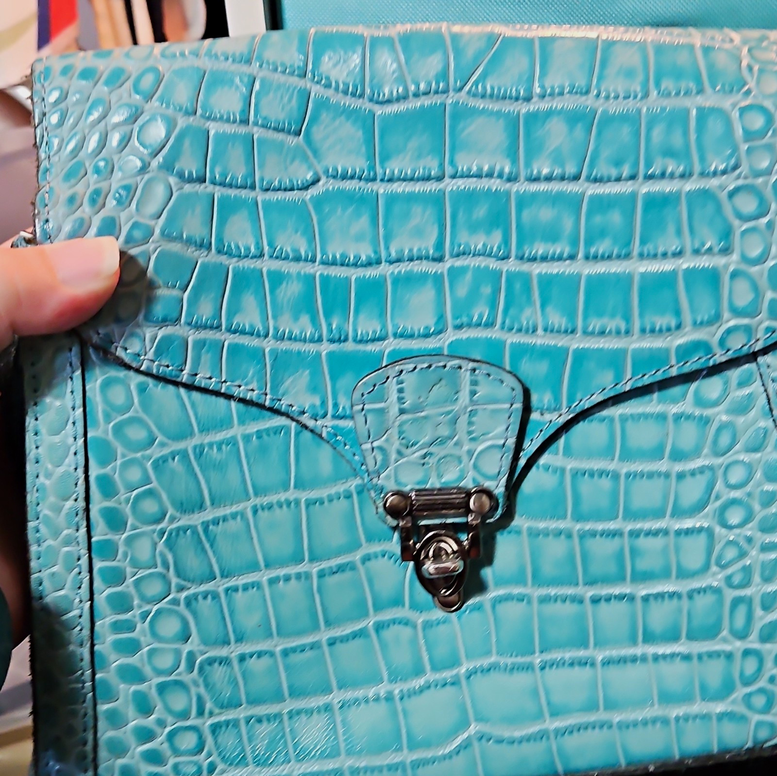 Blue Croc Embossed Crossbody Bag Turn Lock Zip Inner Pockets Silver Hardware