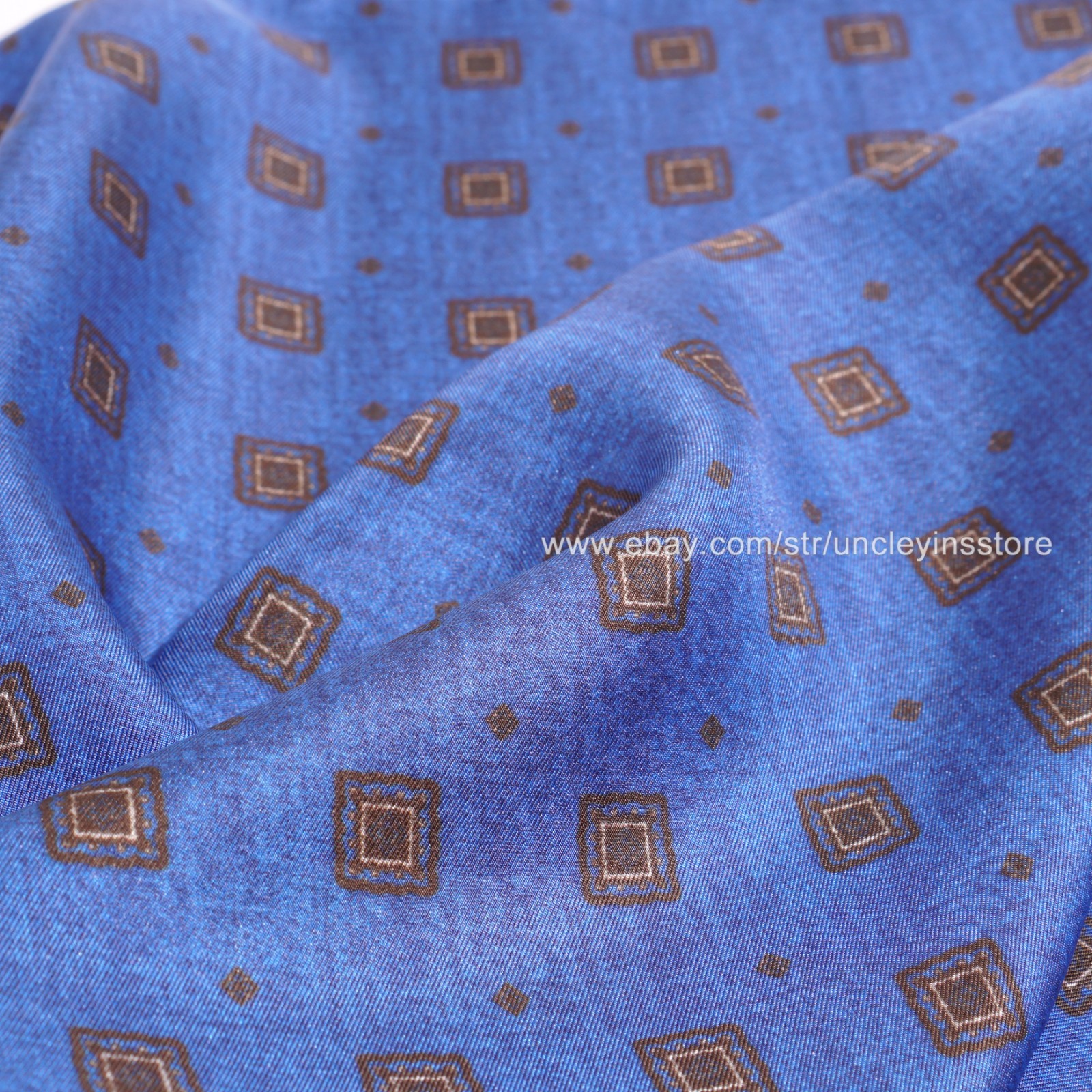 Men’s 21″ Silk Twill Pocket Square Hand Rolled Vintage Geometric Blue Brown