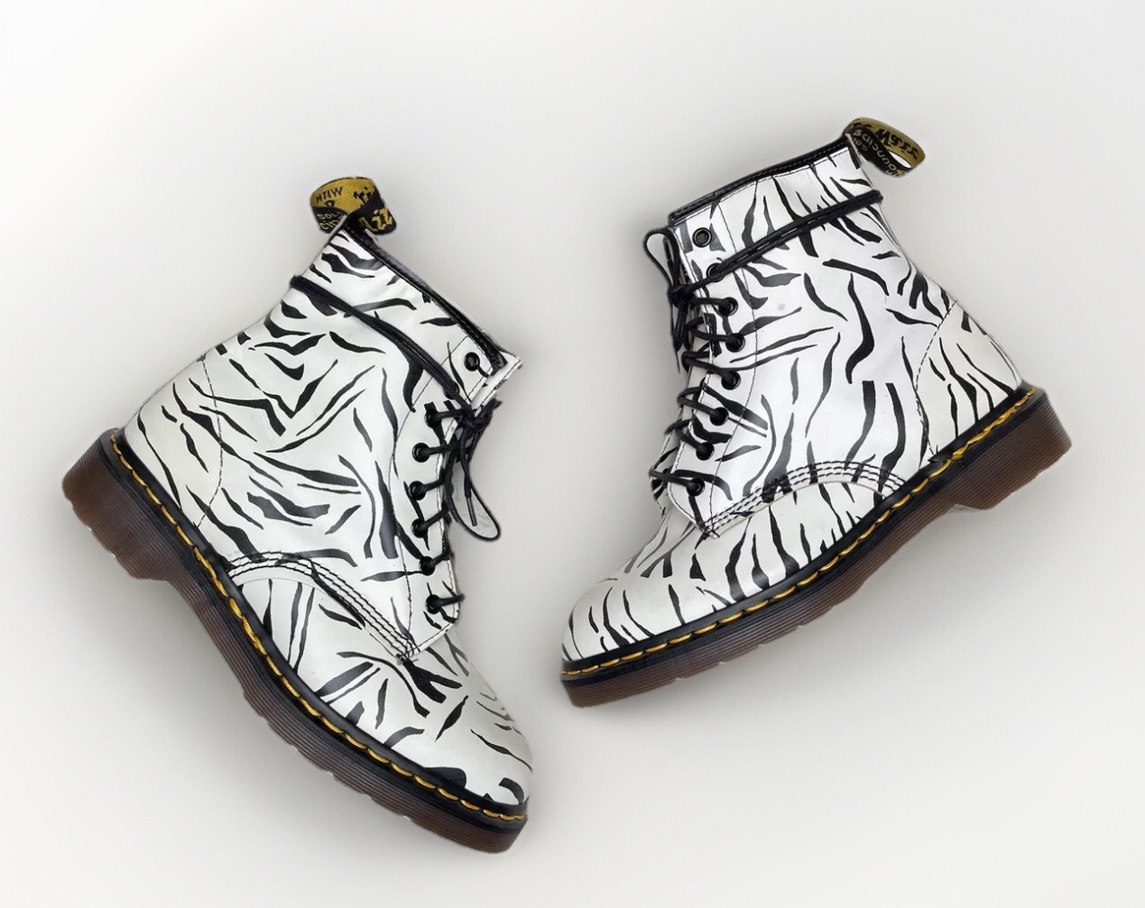 Vintage 90s Dr. Martens Zebra Print Combat Boots Goth Moto Punk England UK 8
