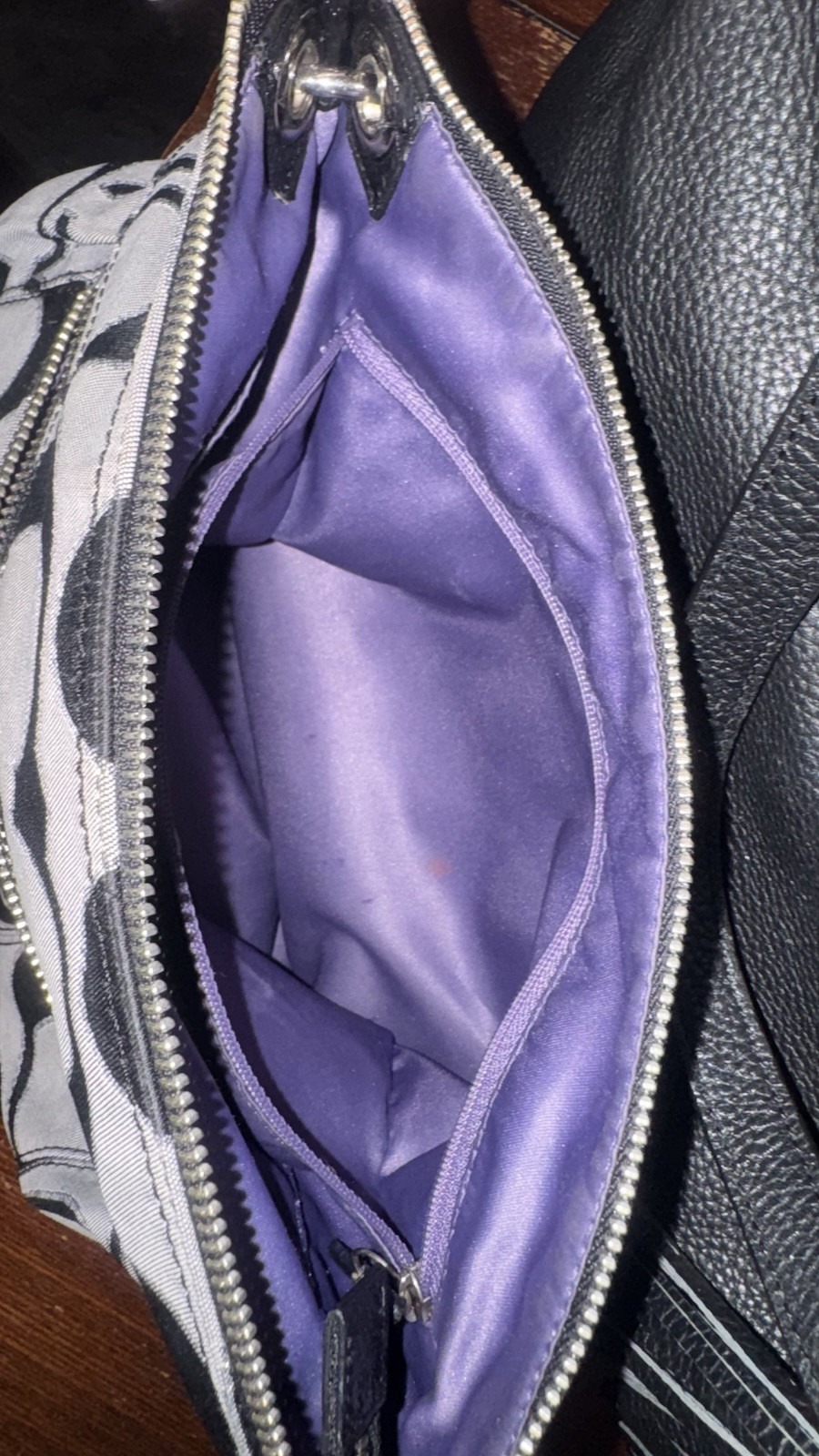 Coach Signature Logo Gray/Black Crossbody Bag Silver Hardware Purple Lining