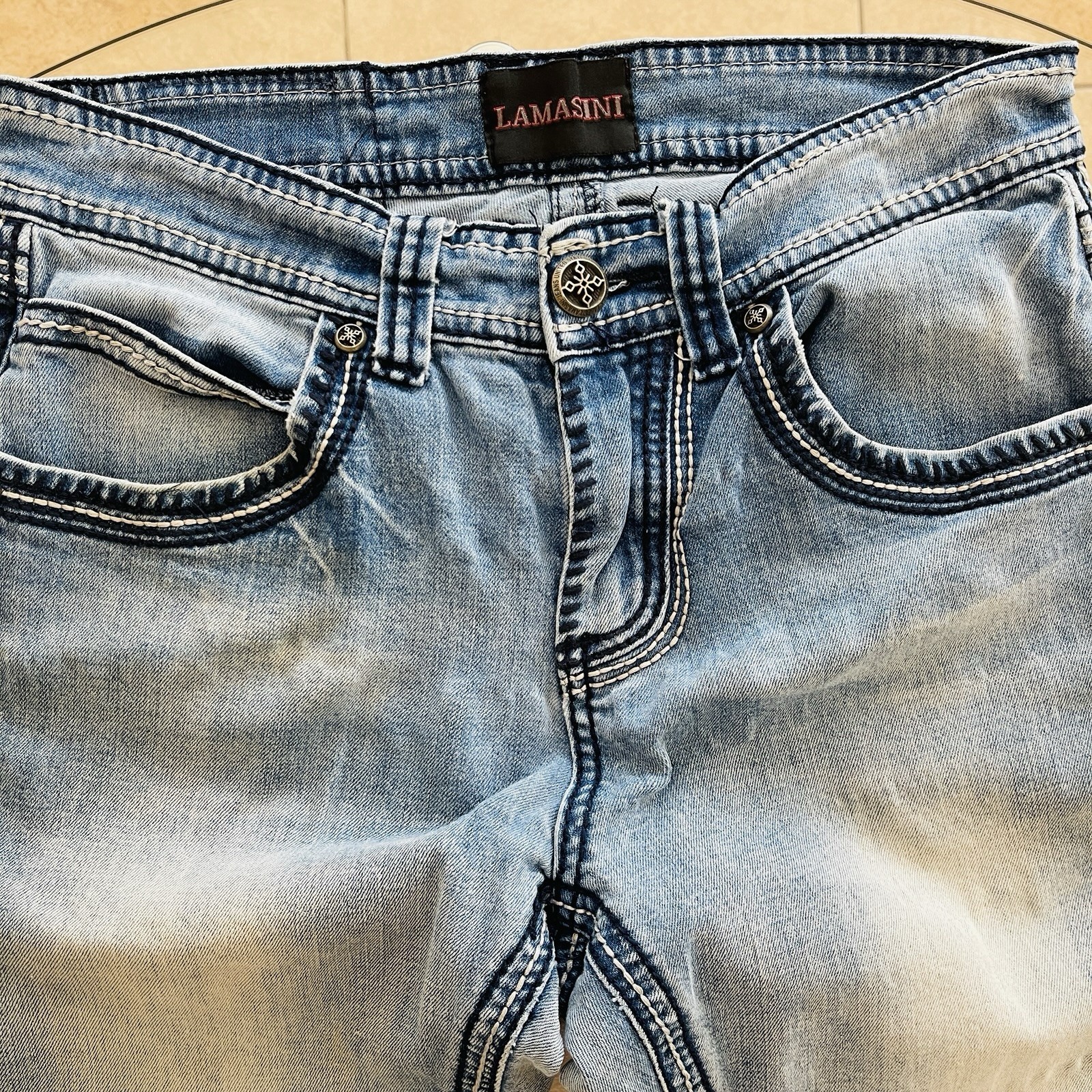 Lamasini Mens Denim Stretch Bootcut Blue Jeans 30/30