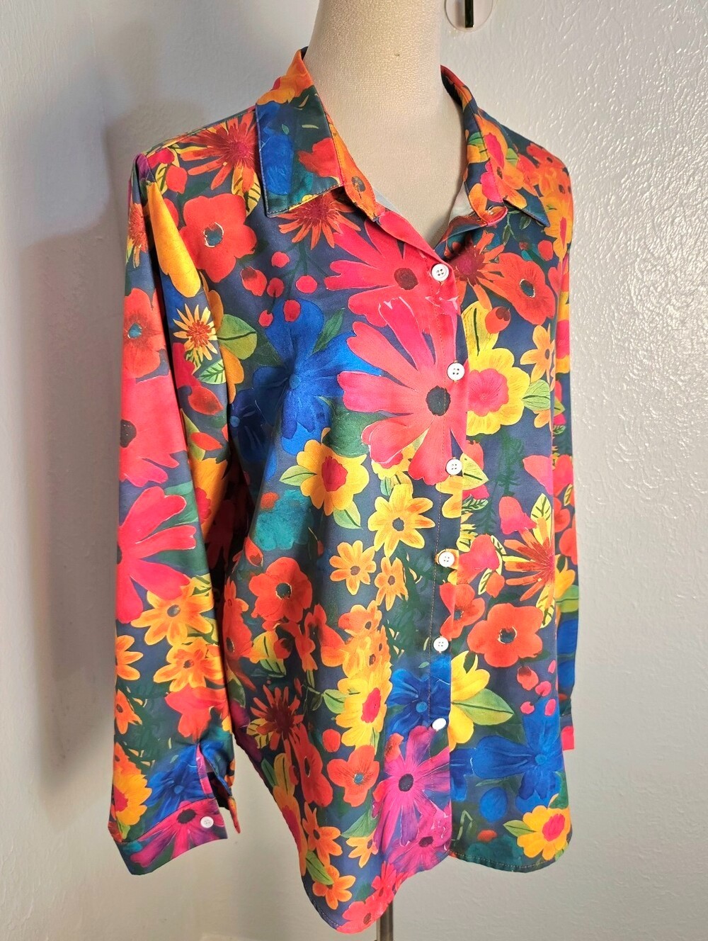 Bright Funky Flower Button-Up Blouse, Multicolor, Size XL