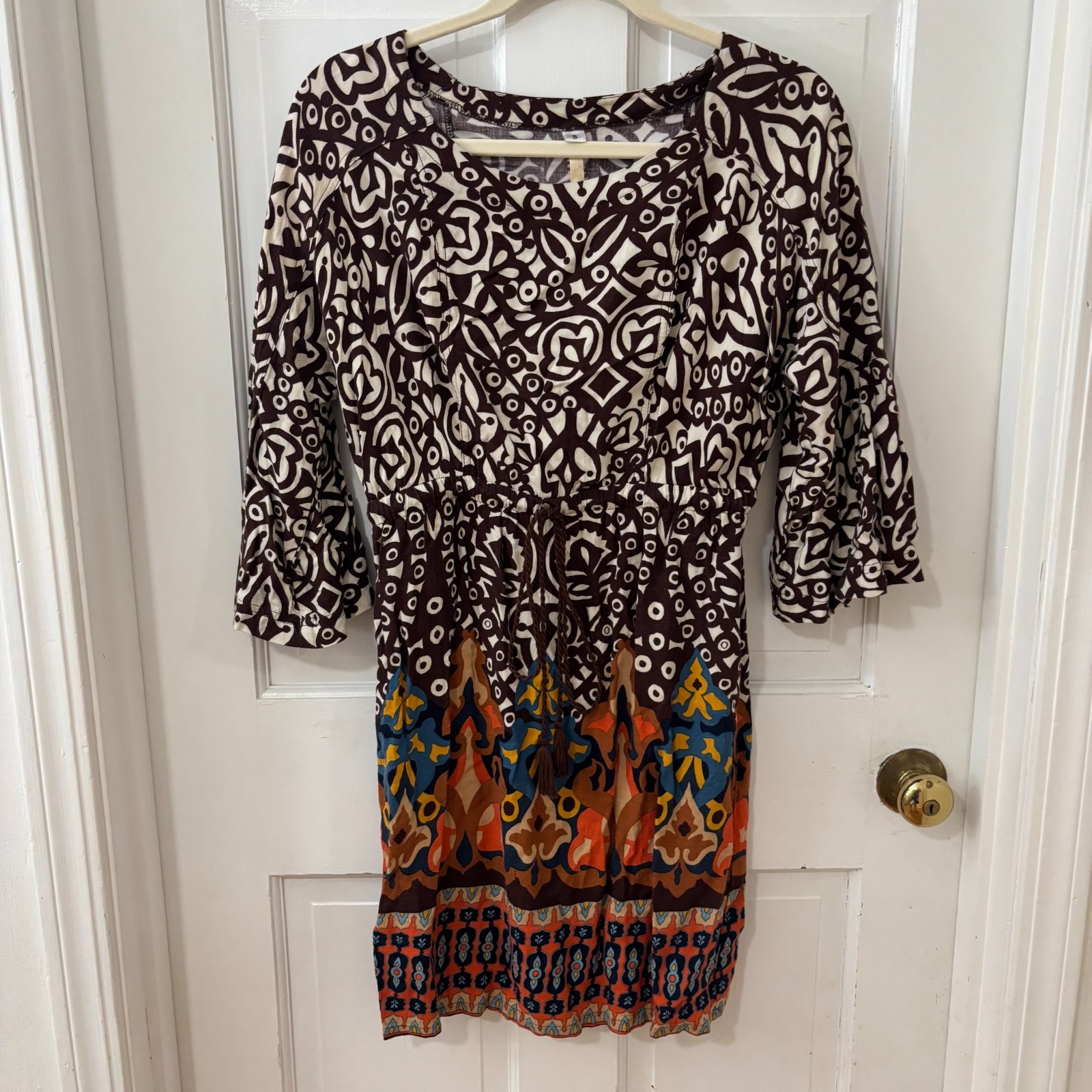 Uncle Frank dress Sz S Boho Hippie Mixed Print Bell sleeve Brown Orange Fall