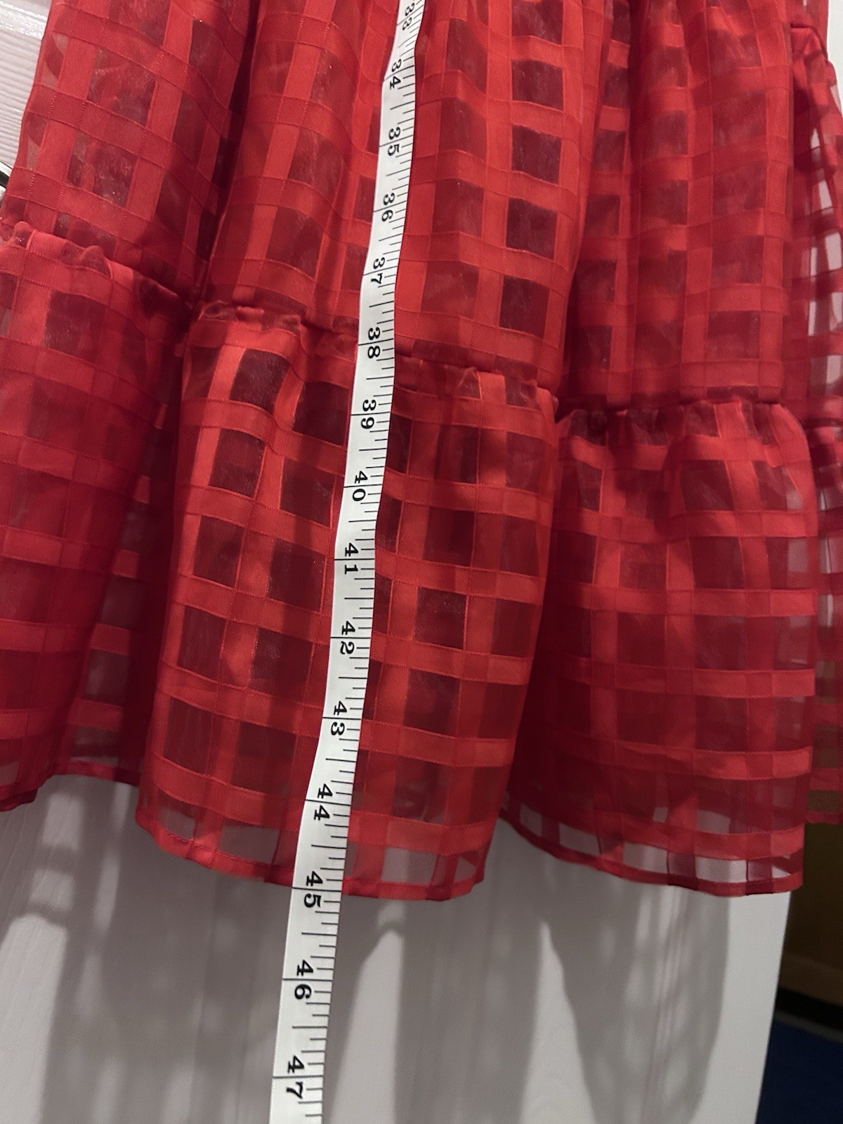 Prettygarden Red Check Smocked Tiered Midi Dress Square Neck Puff Sleeve S