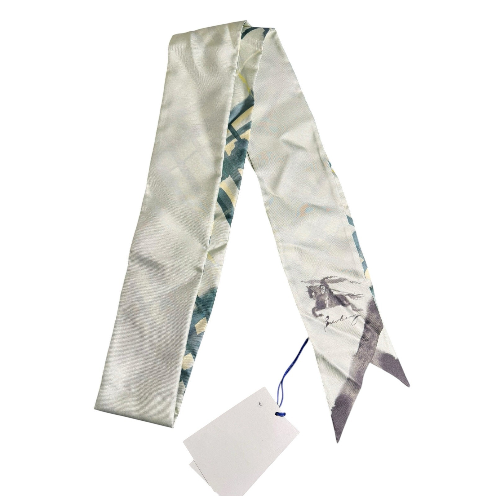 Burberry NWT Skinny Watercolor Check Silk Scarf in Light Green