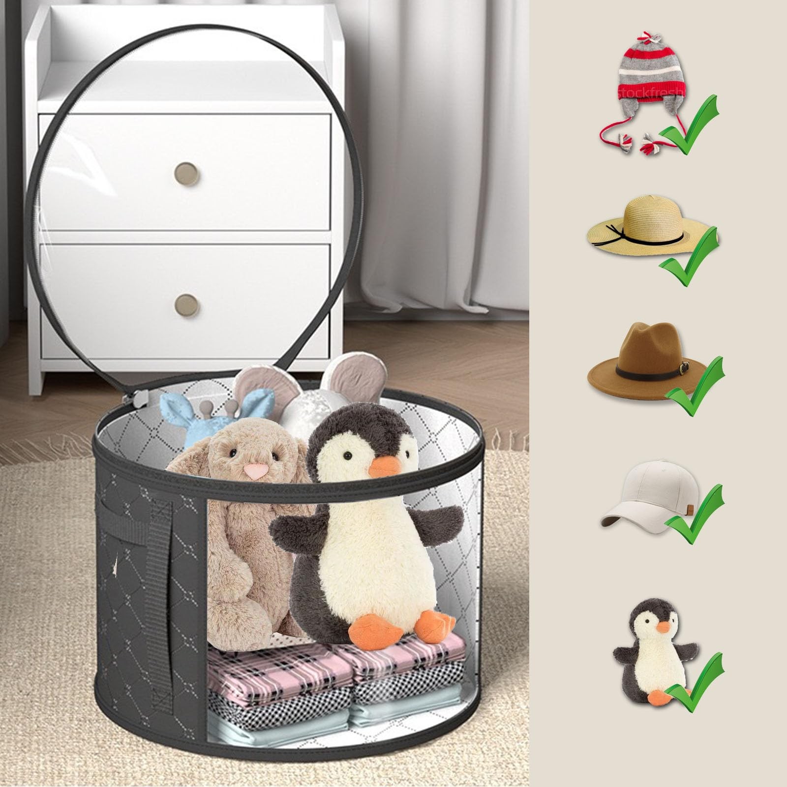 STARGAZ Hat Boxes For Women Storage 16.5 inches x 10.4 inches, Gray and Black