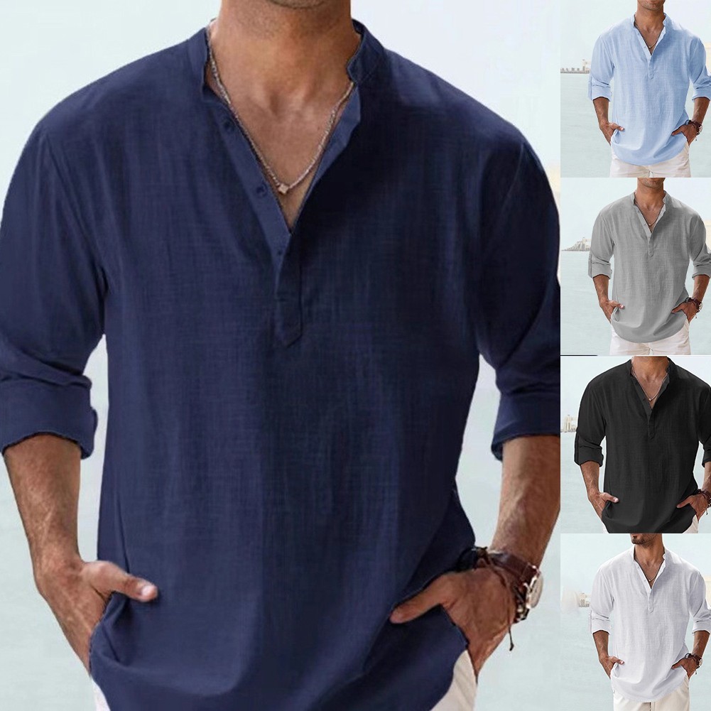 Men Linen Shirt Office Casual Stretch Fabric 80%Cotton Blend+20%Spandex
