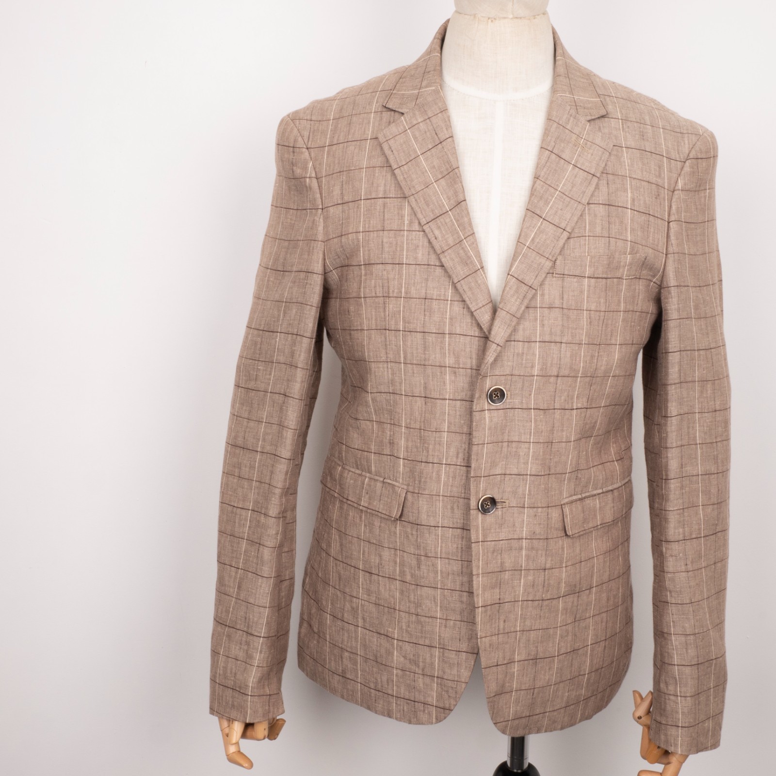 Devred 1902 Slim Fit Men’s Tan Brown 100% Linen Plaid Blazer Sport Coat Size 38