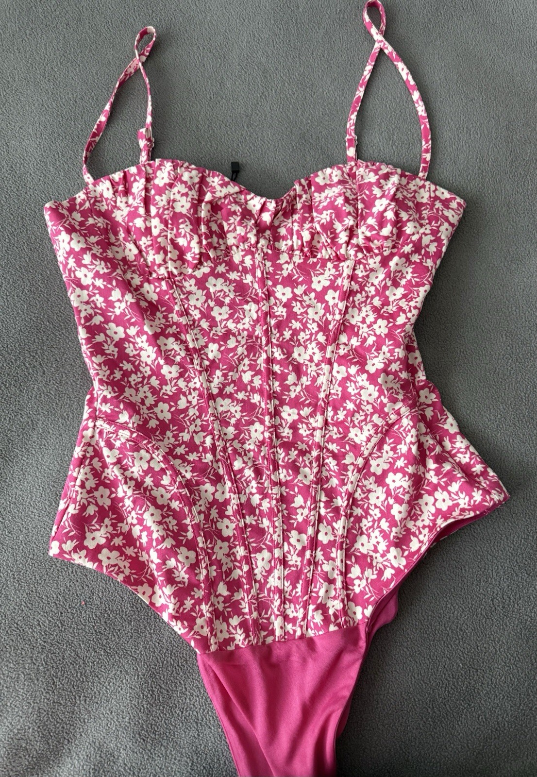 ZARA Pink White Floral One Piece Bodysuit Women’s XS Strap Accent