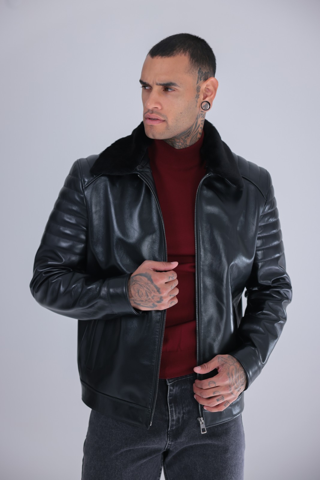 Men’s Genuine Leather Jacket Black Fur Collar Zip Moto Biker Coat 26″ – 65cm