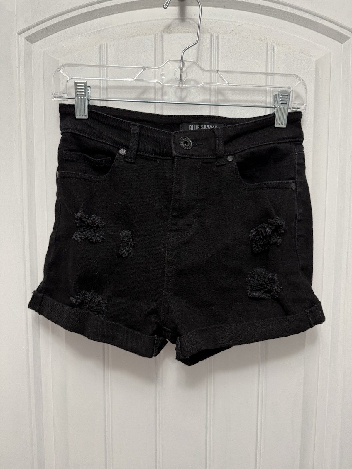Blue Savvy Cut Off Shorts Womens Black Denim Distressed Stretch Size 9/29 (45-14