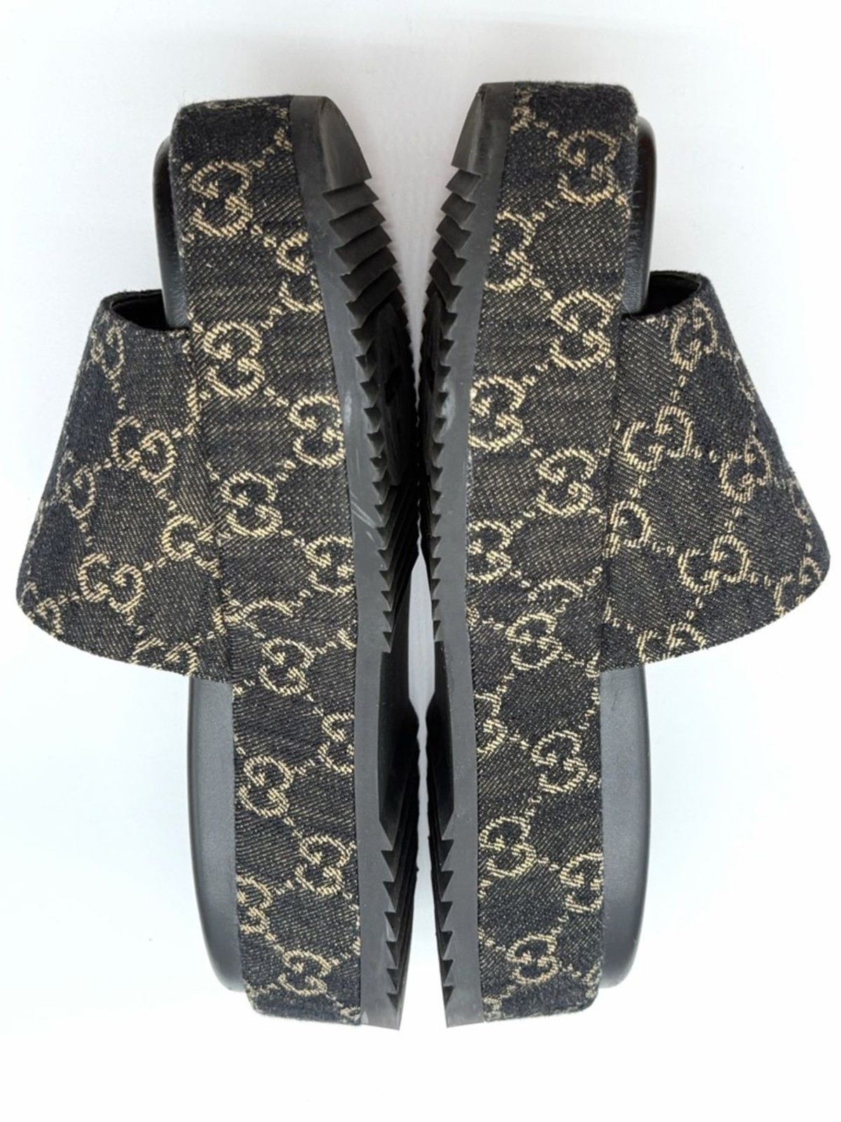 Gucci Angelina GG Monogram Platform in Black Denim Slide Sandals EU 39.5 US 9.5