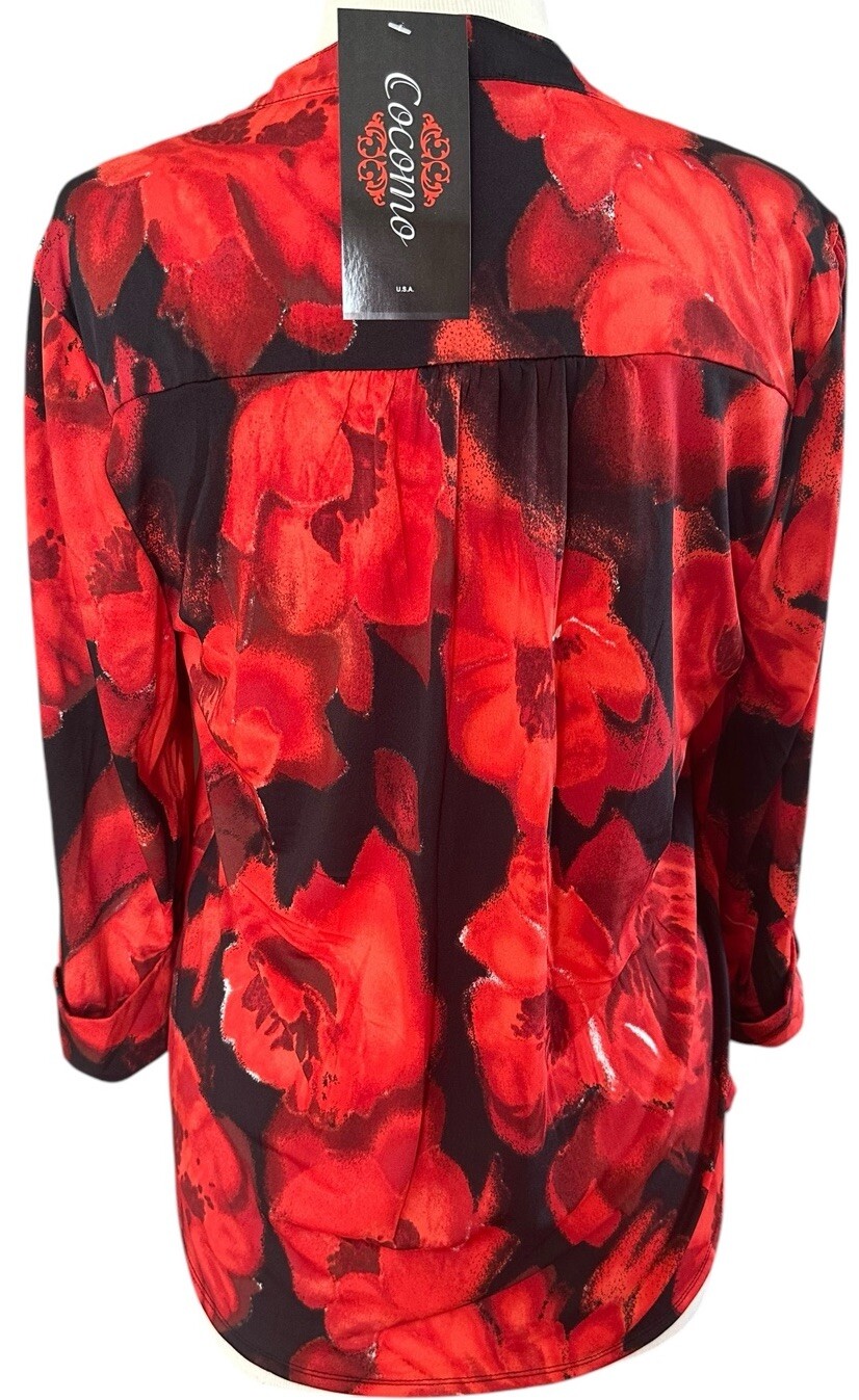 COCOMO XL Orange Red Black 3/4 sleeve women’s Pintuck Blouse Tunic shirt