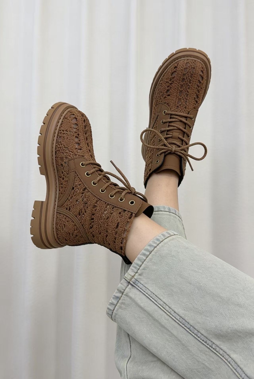 Thick Soled Lace Woven Cool Boots Womens Summer Mesh Breathable Fashion Shoes