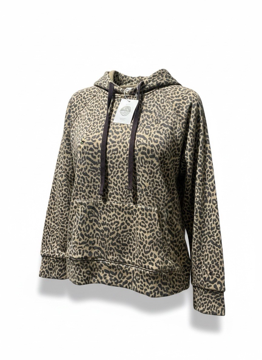 Anthropologie Daily Practice Hoodie Hooded Sweatshirt Leopard Print Brown XS NWT