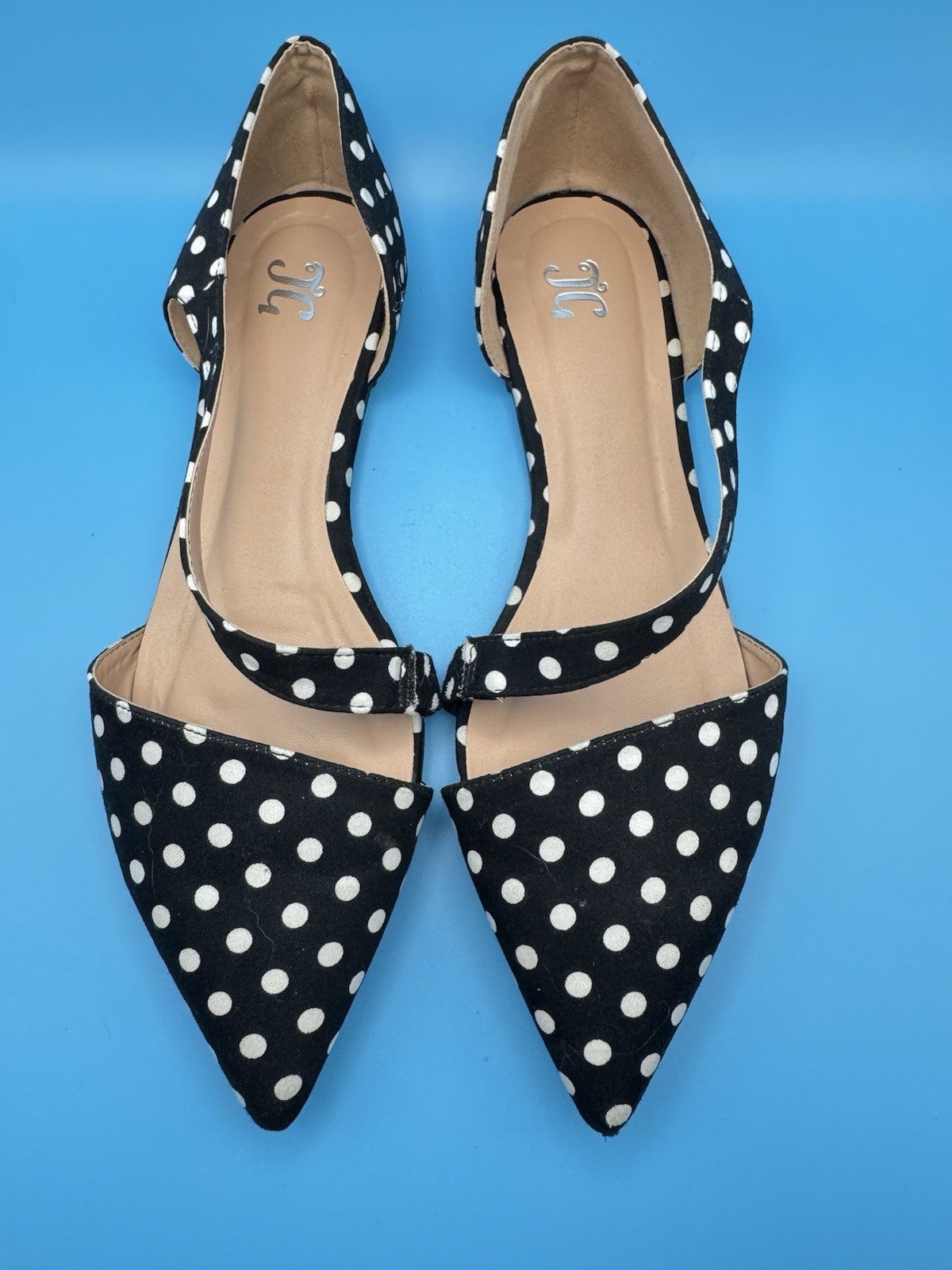 Women’s Black/White Polka Dot Pointed Toe D’Orsay Strap Flats 10