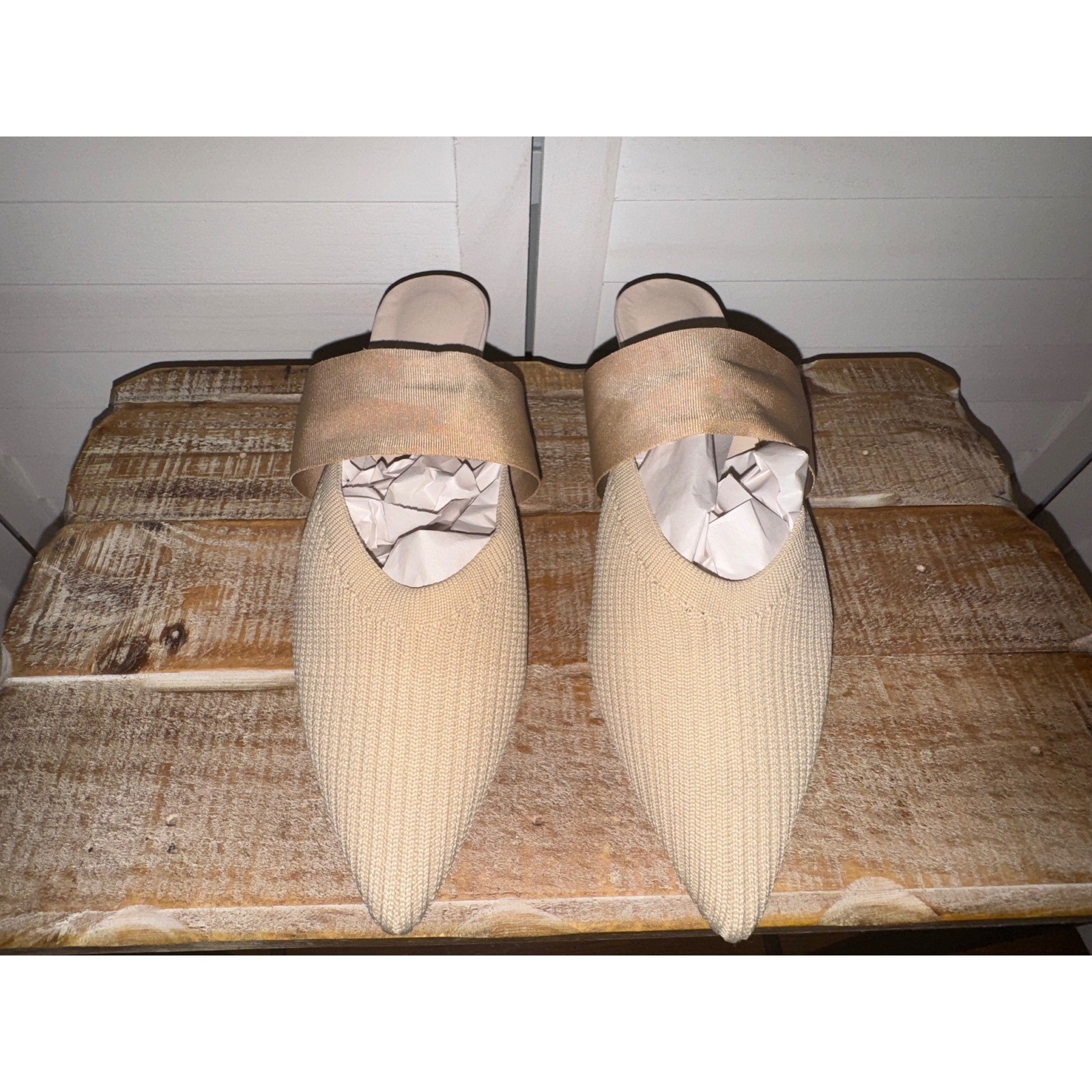 Womens Pointed Toe Knit Mules Heeled Slip On Slides Summer Beige Size 39 (8.5)