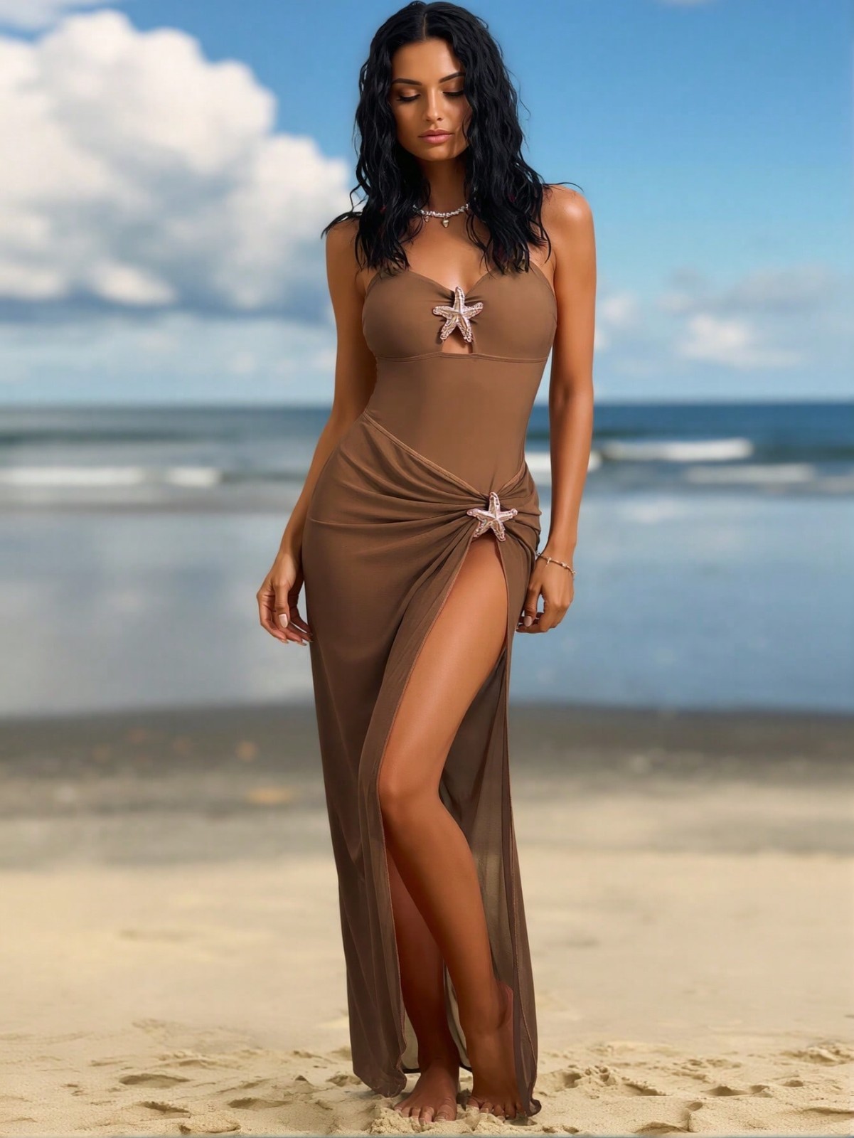2026 New Coffee Starfish Decor One-Piece Swimsuit, Sheer High Slit Skirted Vacat