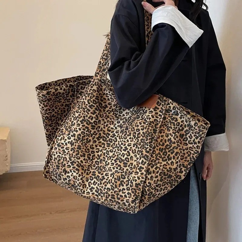Vinatge Leopard Print Tote Bag Womens Large Canvas Shoulder Handbag Work Casual