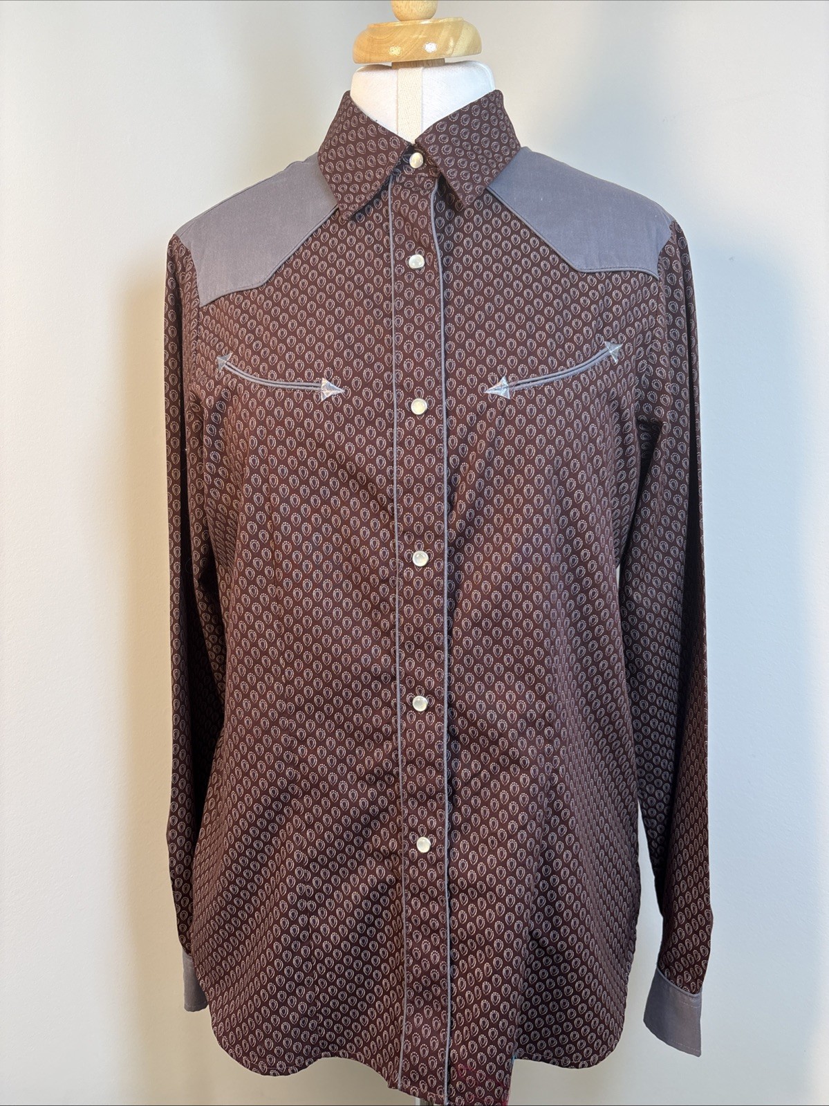 Roper Western Pearl Snap Shirt W/M Geometric Chocolate Brown Rodeo Rockabilly