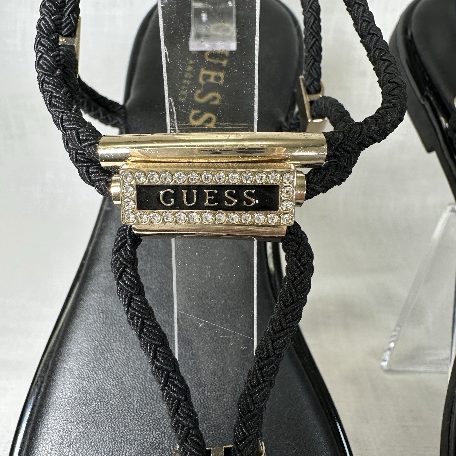 Guess GF Coins Black Rhinestone Logo Thong Sandals 7 Braided Strappy Slingback