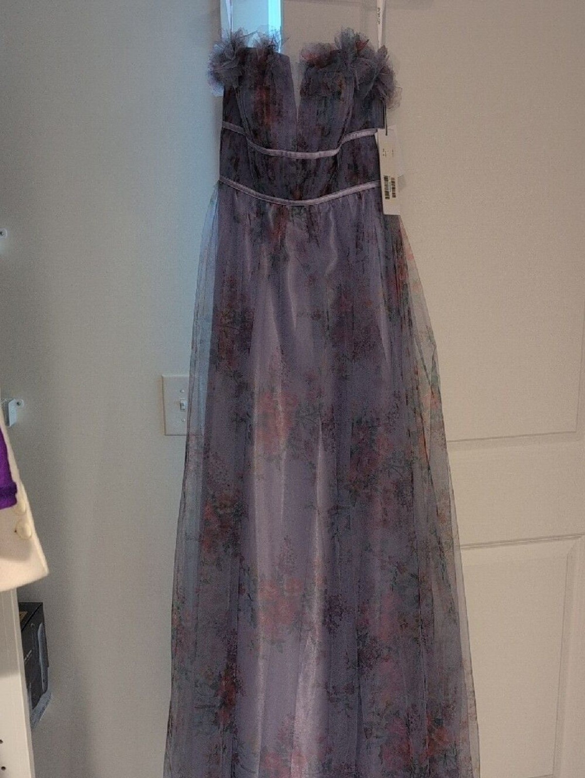 Jovani Lavender Floral Strapless Tulle Gown with Pastel Blooms