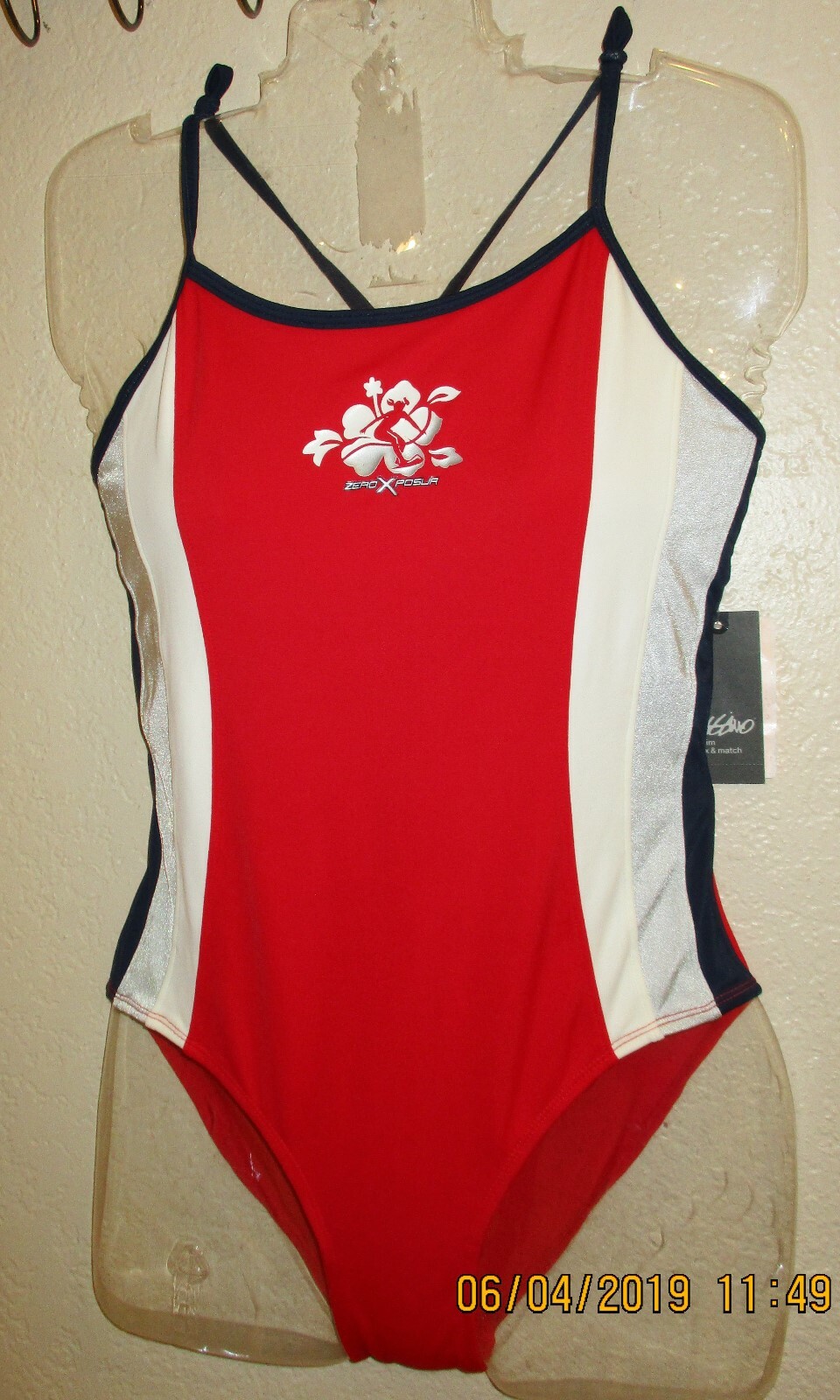 Mossimo Womens Modern Double Strap 1 Piece Swimsuit S 4-6 red/white/blue/silver