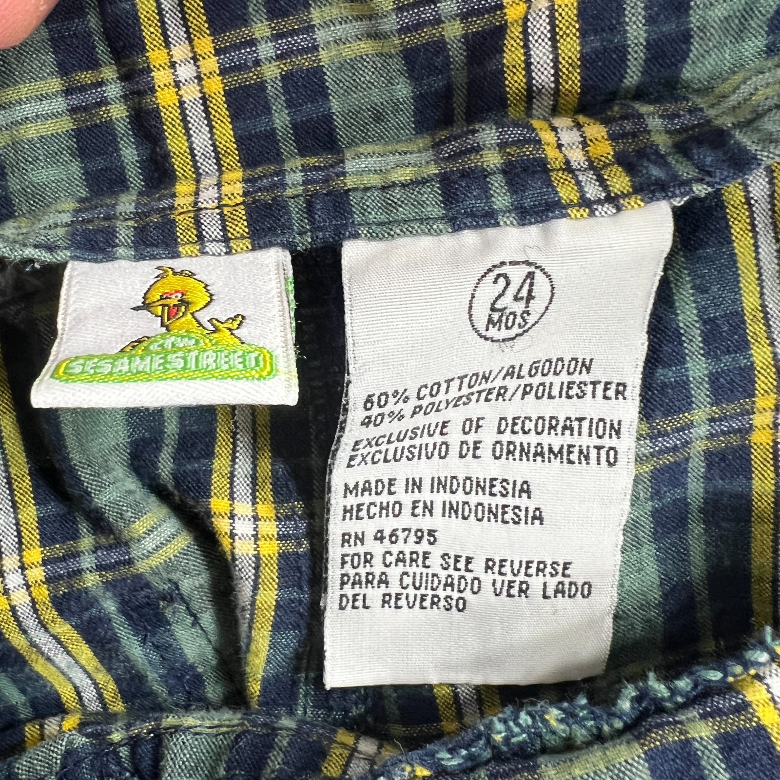Sesame Street Safari Elmo Plaid Shortall Overalls Kids 24M Vtg Retro Green